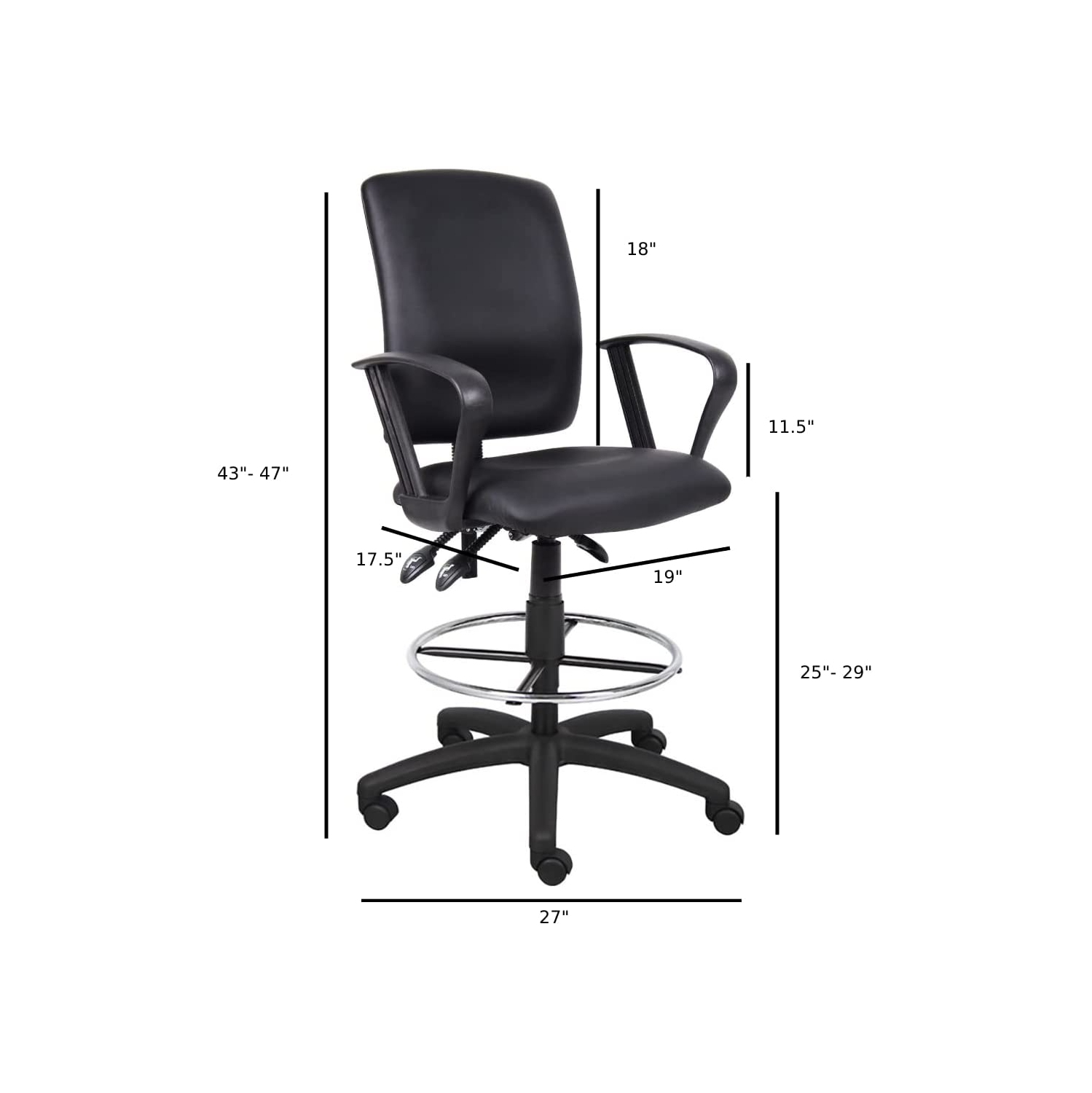 Nicer Interior Multi-function Leather Drafting Chair with loop arms, Ergonomic Drafting Stool - Black Leatherette Draft Chair