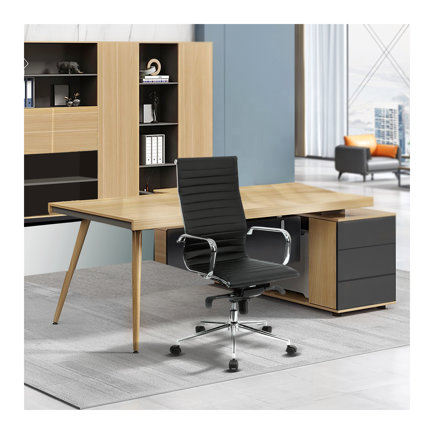 Chaise moderne en cuir PU côtelé à dossier haut, noir