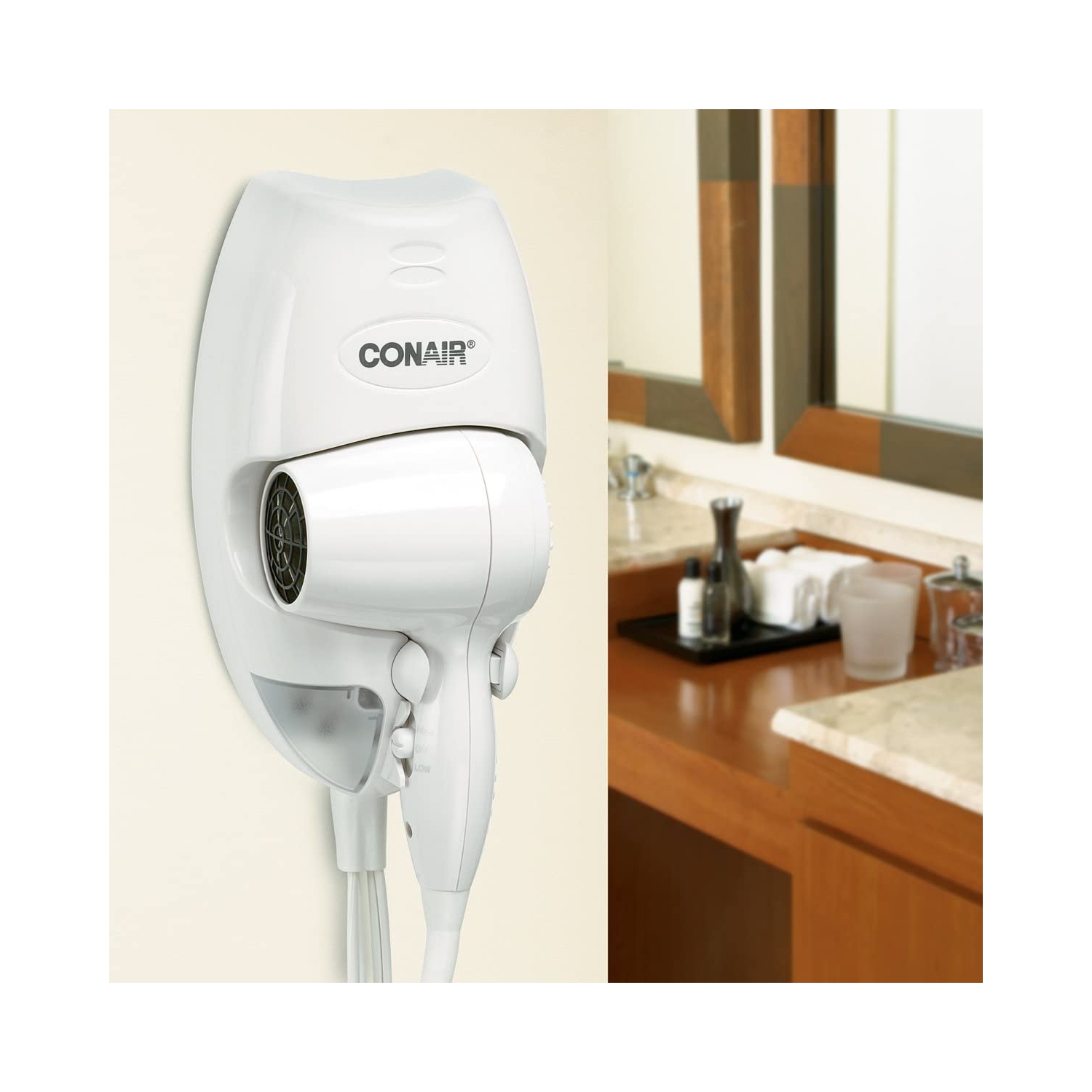 Sèche-cheveux mural compact de 1600 watts à 2 réglages de chaleur et 2 vitesses, blanc