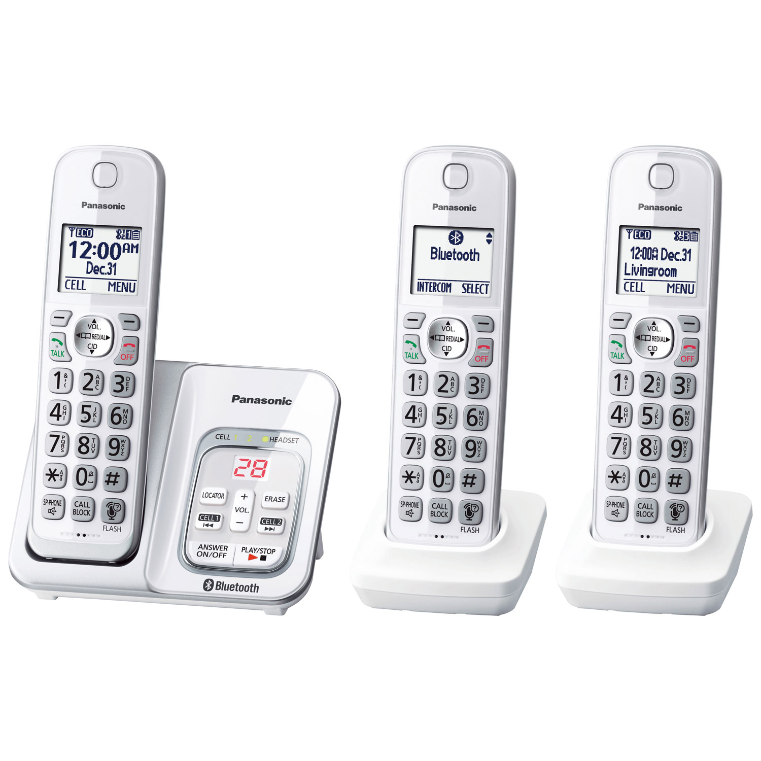Panasonic Link2Cell 3-Handset DECT 6.0 Bluetooth Cordless Phone with Answering Machine (KXTGD593W)