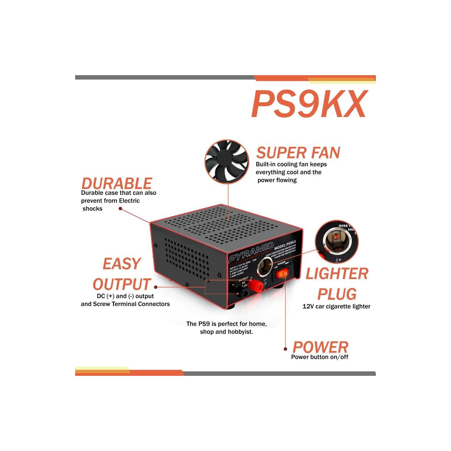 Pyramid PS9KX 5A/7A Power Supply with Cigarette Lighter Plug