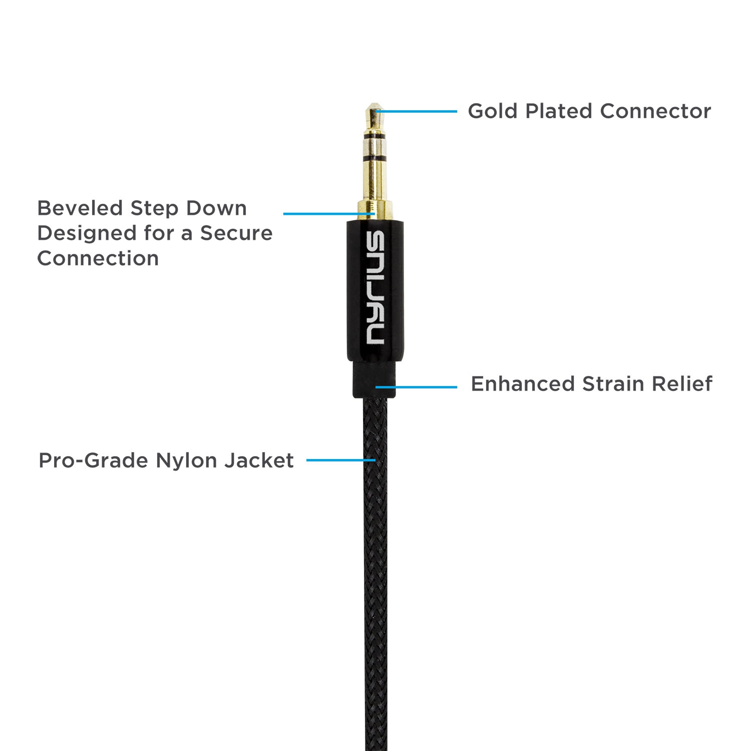 Nyrius Premium Grade 3.5mm Auxiliary Audio Cable with Tangle Free Protective Shielding & Step Down Connector