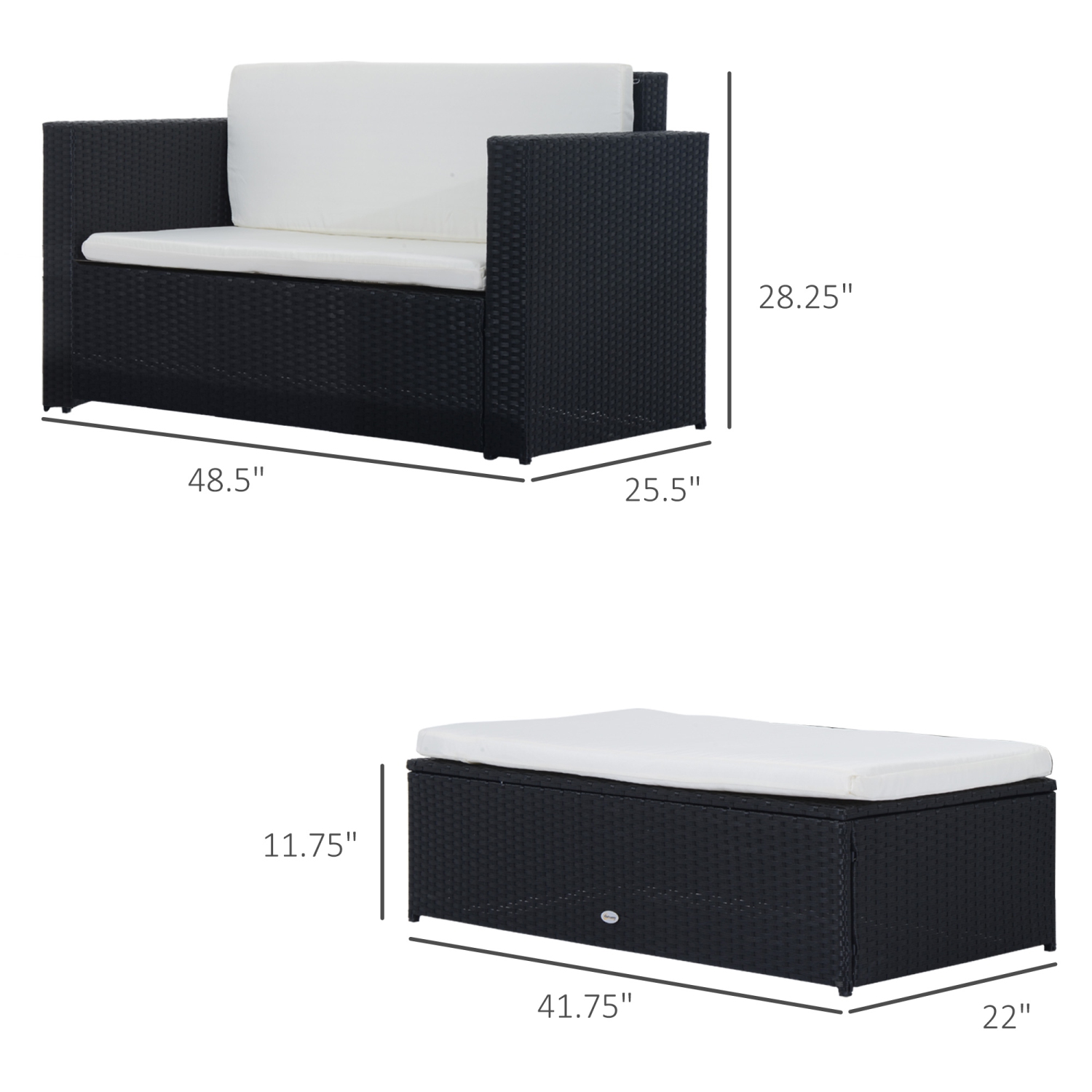 Ensemble de 2 meubles de patio en osier Outsunny, pouf double, ensemble de détente extérieur en rotin PE, causeuse et pouf deux places, blanc crème