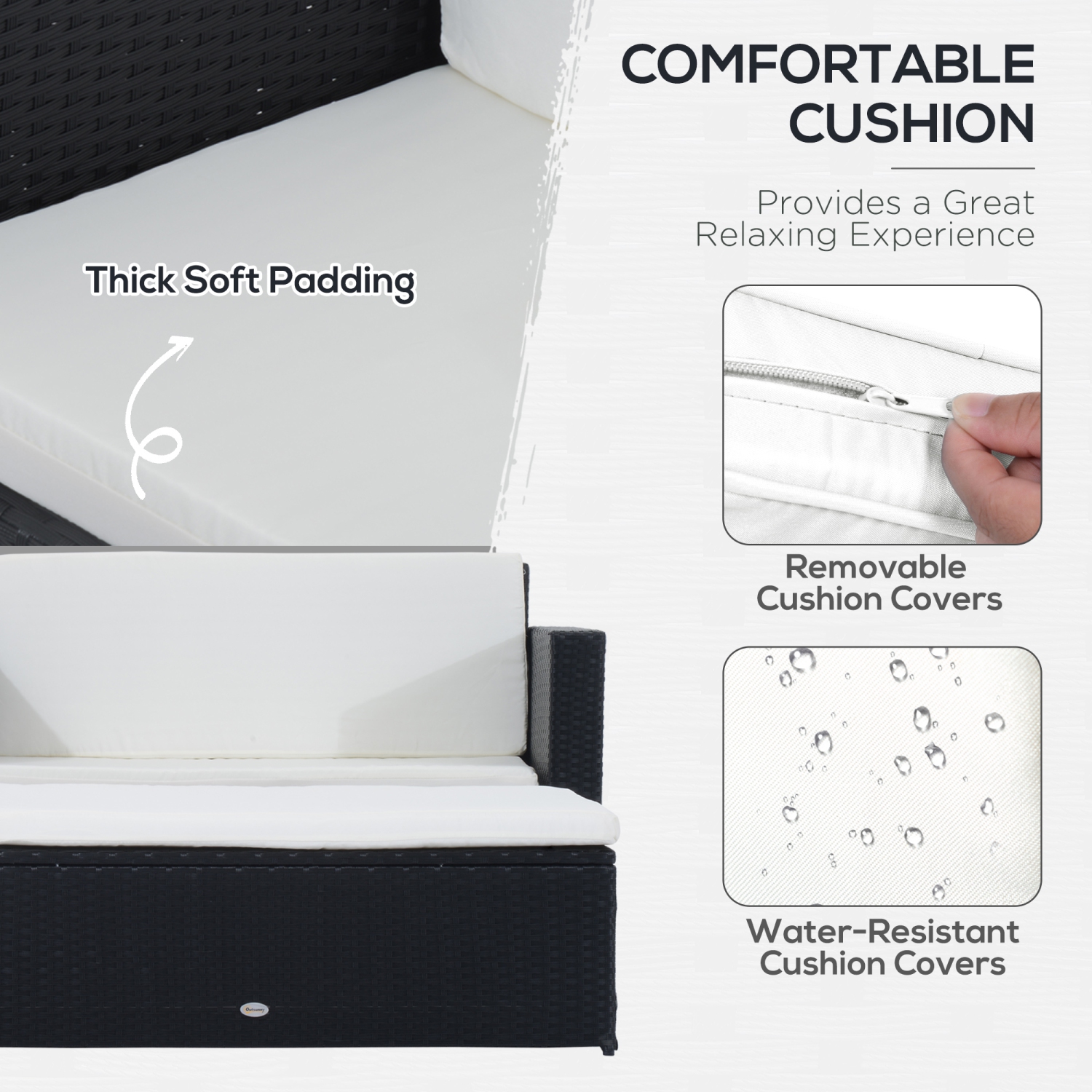 Ensemble de 2 meubles de patio en osier Outsunny, pouf double, ensemble de détente extérieur en rotin PE, causeuse et pouf deux places, blanc crème