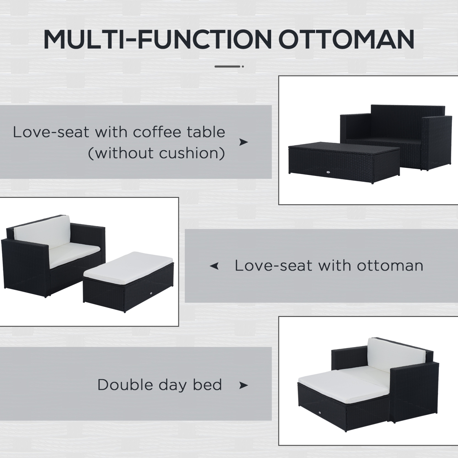 Ensemble de 2 meubles de patio en osier Outsunny, pouf double, ensemble de détente extérieur en rotin PE, causeuse et pouf deux places, blanc crème