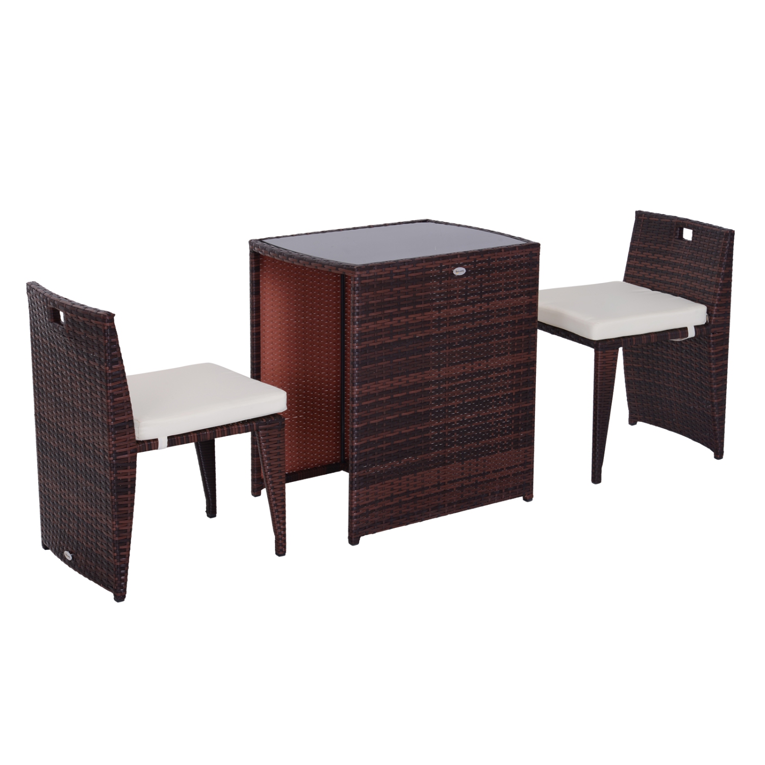 Outsunny 3 Pieces Wicker Patio Dining Set Outdoor Furniture Set with Removable Cushions, Glass Top Dining Table, PE Rattan Conversation Set for