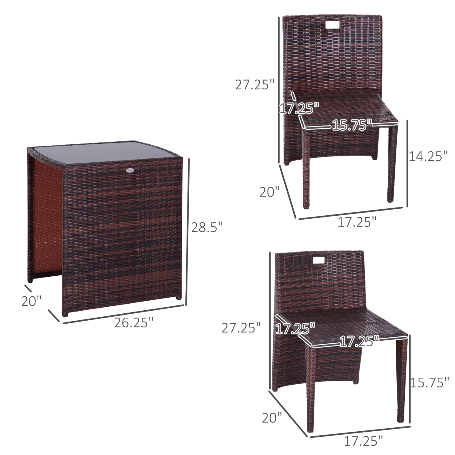 Outsunny 3 Pieces Wicker Patio Dining Set Outdoor Furniture Set with Removable Cushions, Glass Top Dining Table, PE Rattan Conversation Set for