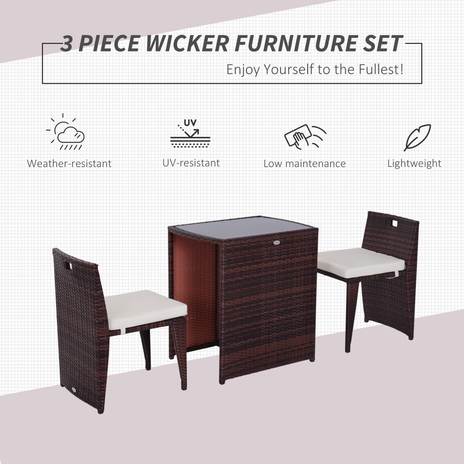 Outsunny 3 Pieces Wicker Patio Dining Set Outdoor Furniture Set with Removable Cushions, Glass Top Dining Table, PE Rattan Conversation Set for