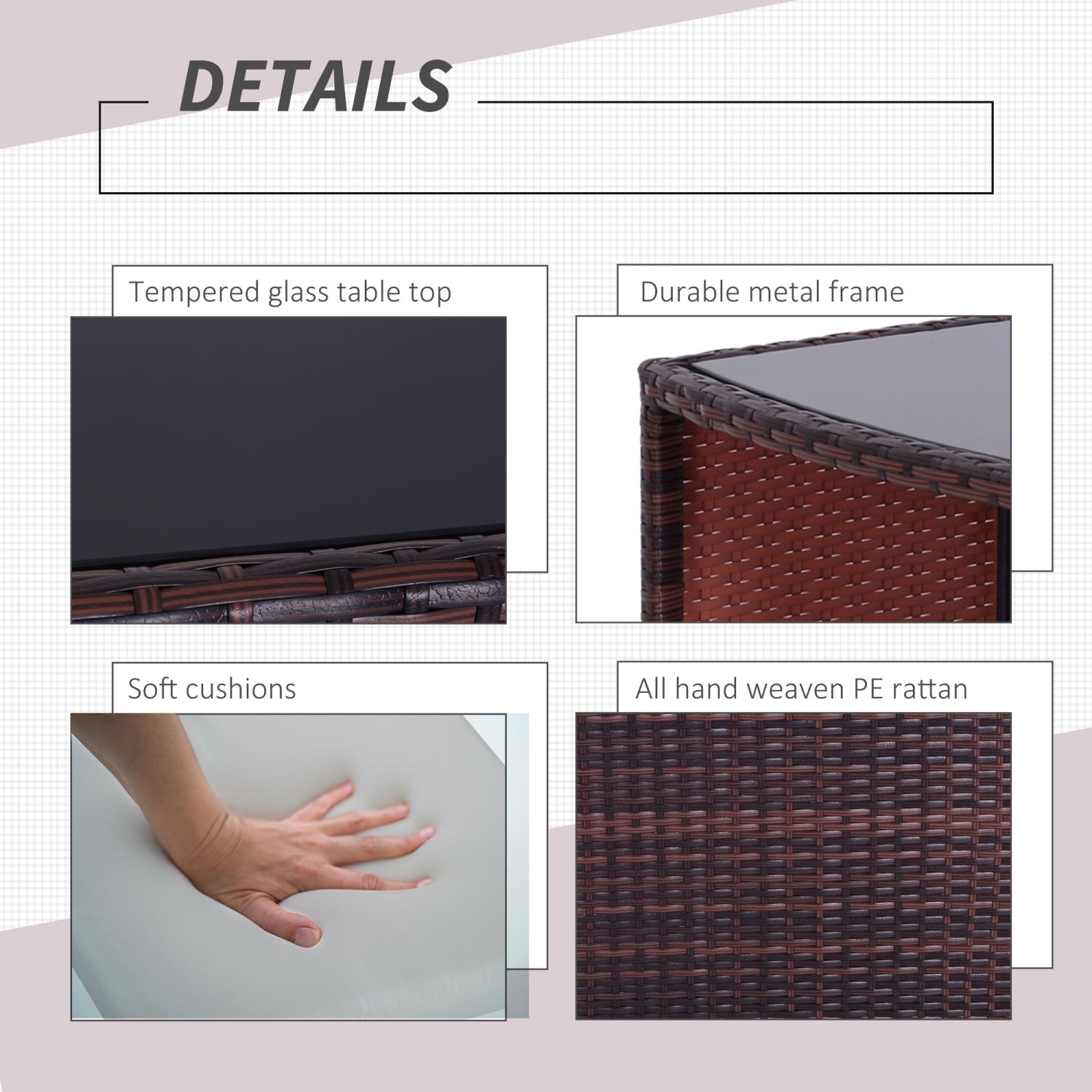 Outsunny 3 Pieces Wicker Patio Dining Set Outdoor Furniture Set with Removable Cushions, Glass Top Dining Table, PE Rattan Conversation Set for