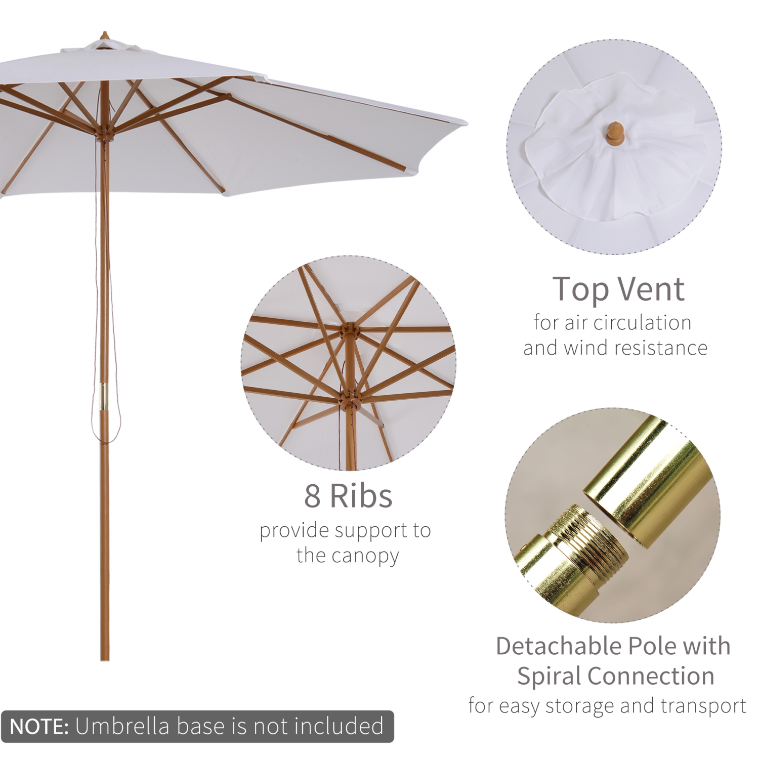 Outsunny 10' x 8' Bamboo Wooden Round Market Patio Sun Umbrella Garden Parasol Outdoor Sunshade Canopy, White