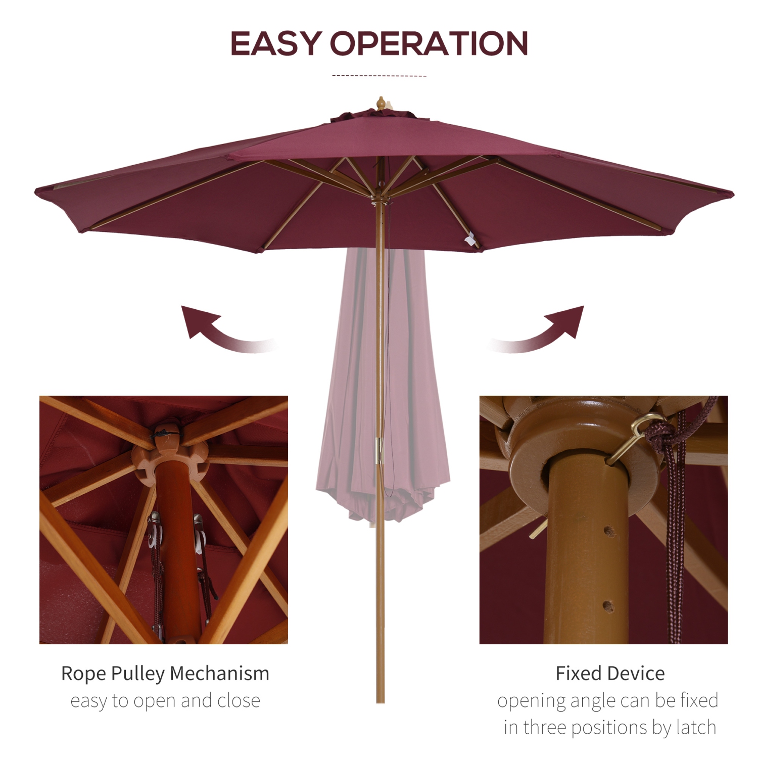 Outsunny 10' x 8' Bamboo Wooden Round Market Patio Sun Umbrella Garden Parasol Outdoor Sunshade Canopy, Wine Red