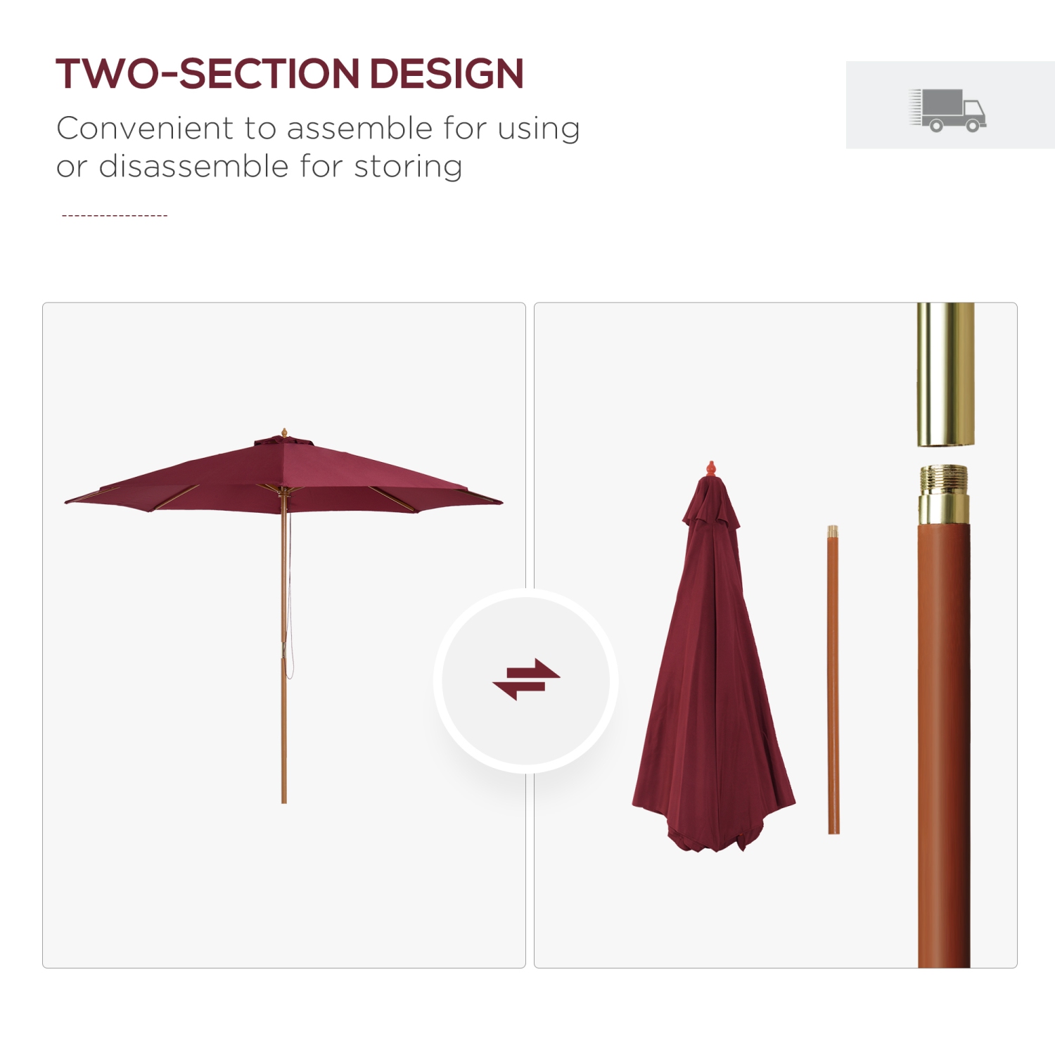 Outsunny 10' x 8' Bamboo Wooden Round Market Patio Sun Umbrella Garden Parasol Outdoor Sunshade Canopy, Wine Red