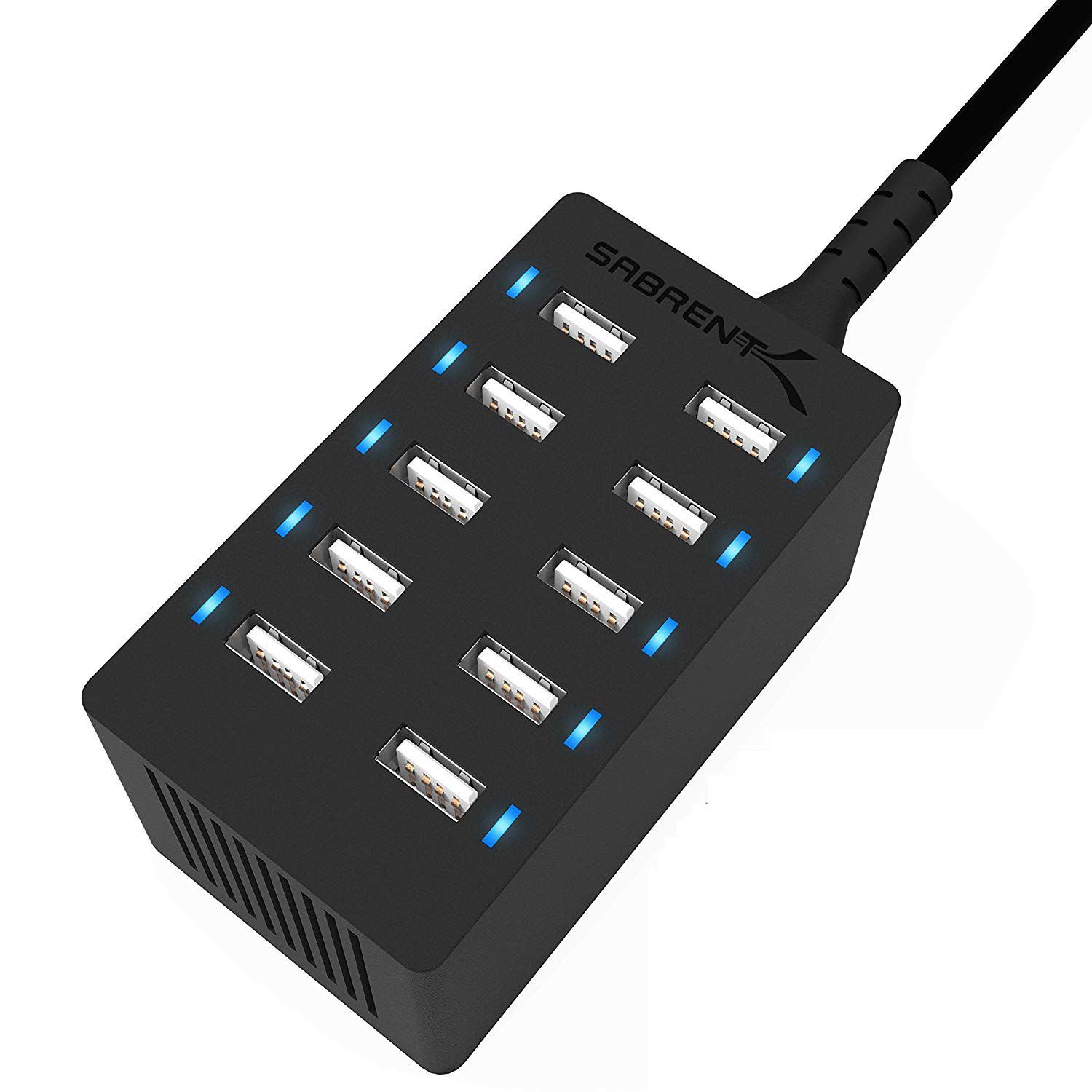 Sabrent 60 Watt 10-Port Family-Sized Desktop USB Rapid Charger. Smart USB Ports with Auto Detect Technology [Black] (