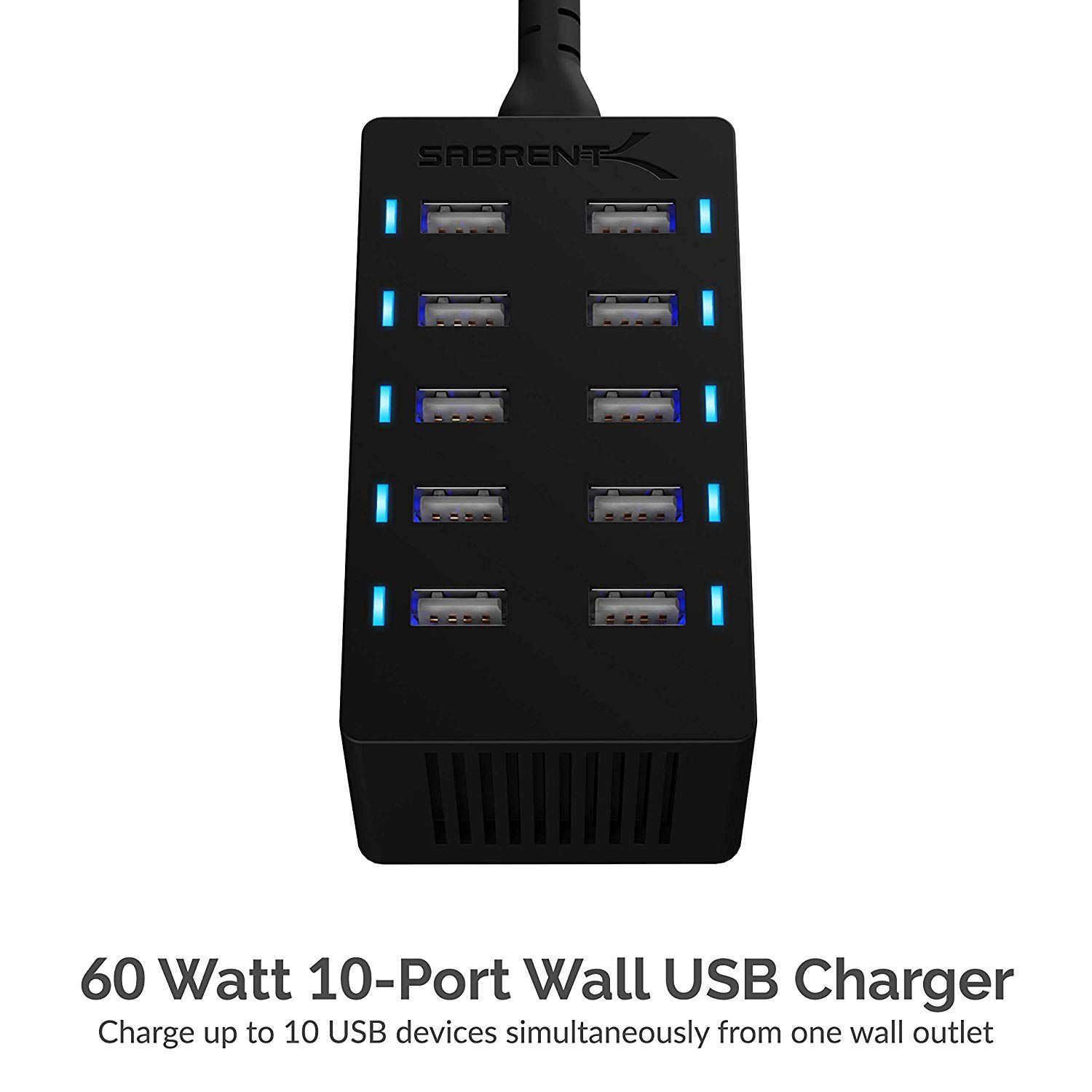 Sabrent 60 Watt 10-Port Family-Sized Desktop USB Rapid Charger. Smart USB Ports with Auto Detect Technology [Black] (