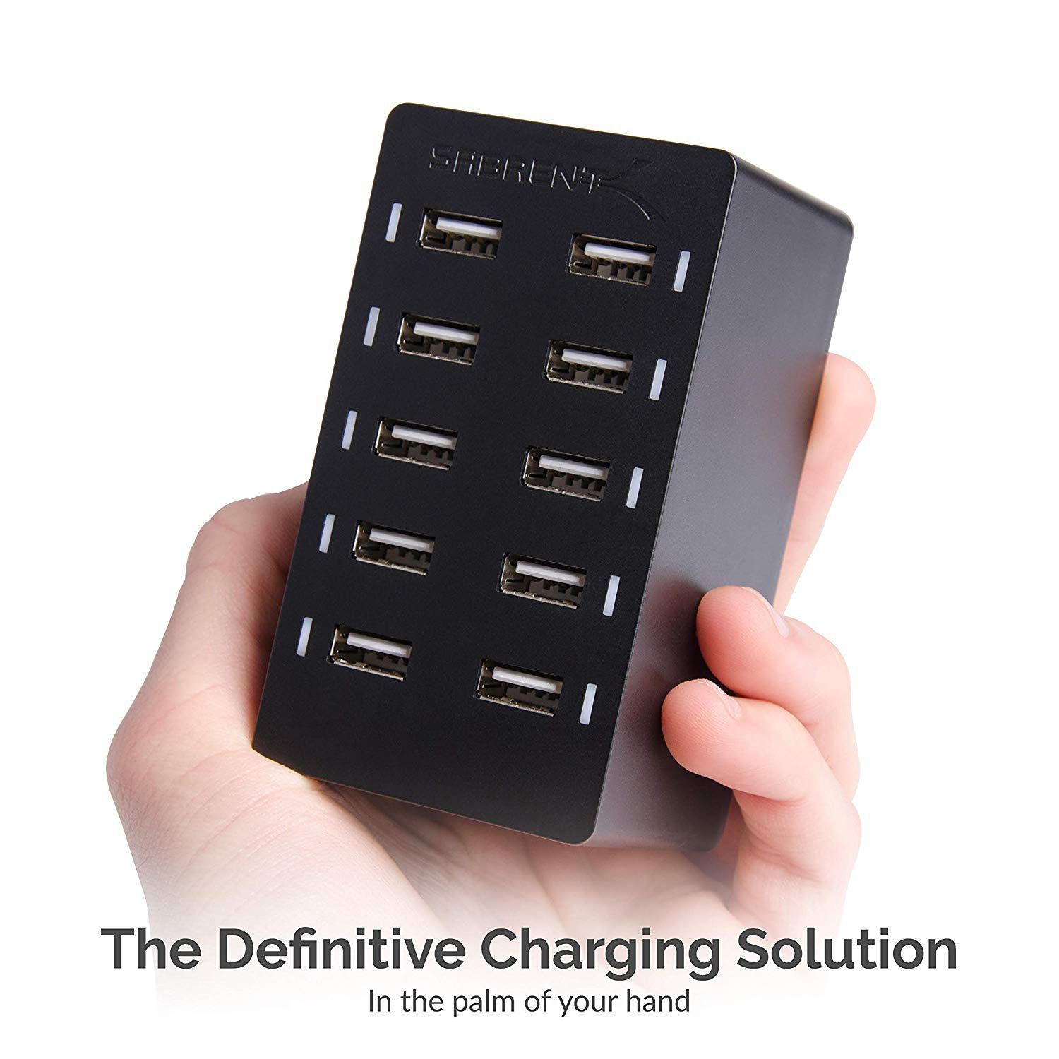 Sabrent 60 Watt 10-Port Family-Sized Desktop USB Rapid Charger. Smart USB Ports with Auto Detect Technology [Black] (
