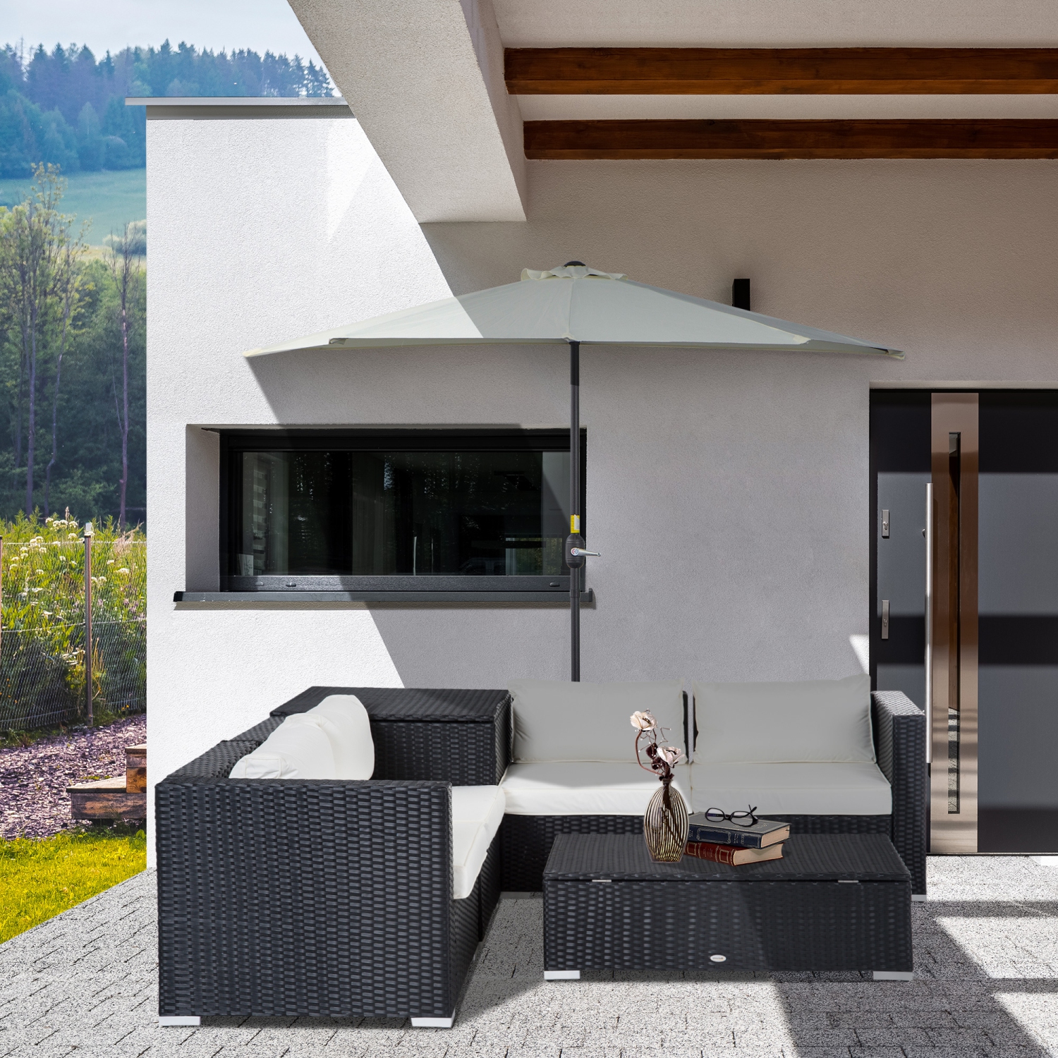 Outsunny – Ensemble de meubles de patio de 6 pièces avec coussin, sofa de patio modulaire en osier de résine de polyéthylène, avec table de rangement