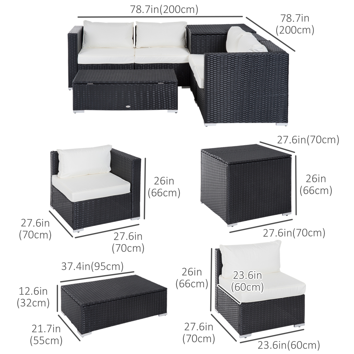 Outsunny – Ensemble de meubles de patio de 6 pièces avec coussin, sofa de patio modulaire en osier de résine de polyéthylène, avec table de rangement