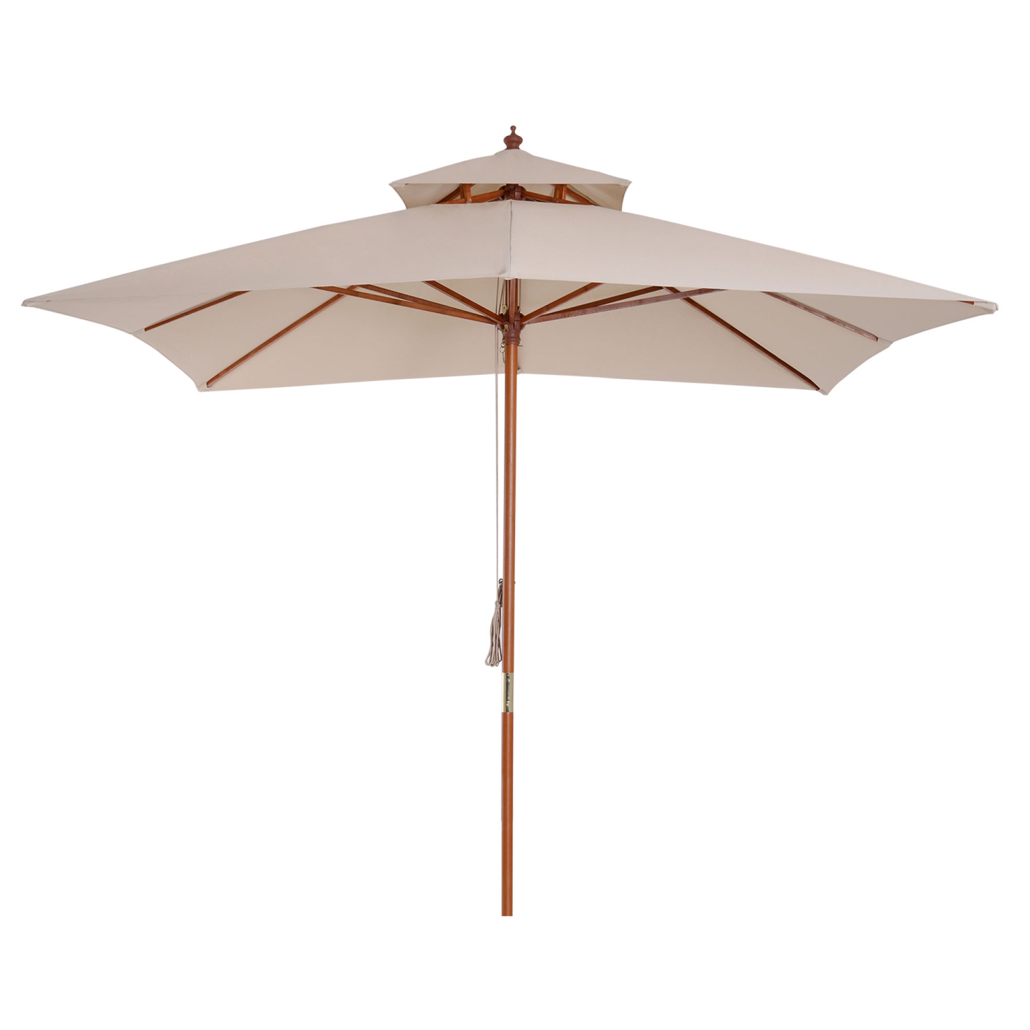 Outsunny 10x10ft Wood Square Patio Umbrella Garden Market Parasol Sunshade Canopy with 2 Pulley Pagoda Style, Khaki