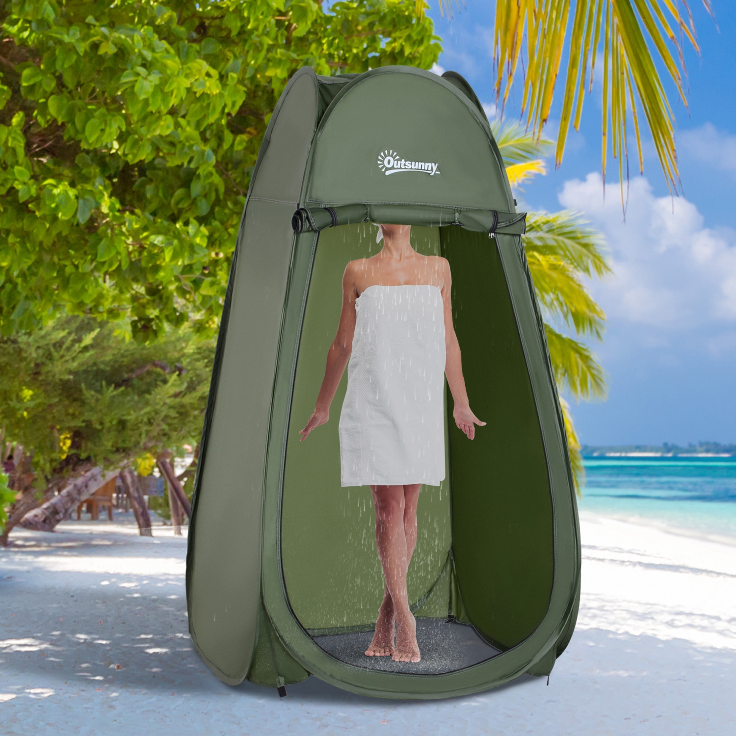 Tente de douche Outsunny Pop Up, plateau à langer, tente de protection de la vie privée, tentes pour toilette de camping et photos d'intérieur avec