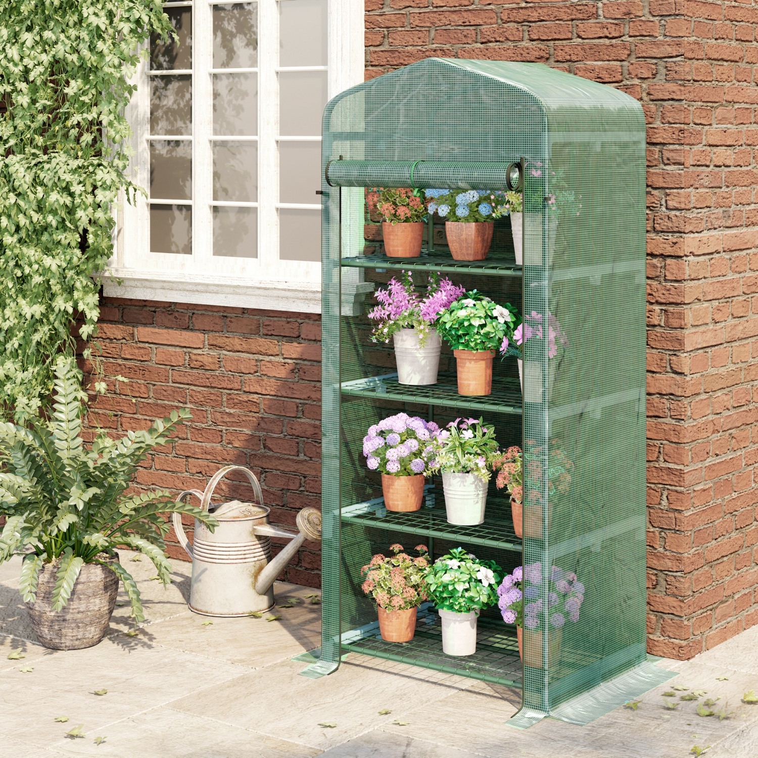 Outsunny 28" x 20" x 63" Portable Greenhouse with 4 Tier Shelves Outdoor Hot House Plant Flower Greenhouse, Steel Frame, PE Cover, Green