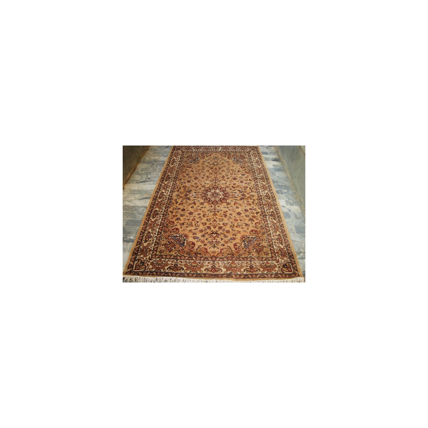 Ahmedani Tan Flowral Hand Knotted Silk Wool Carpet 5' x 8' Area Rug - Beige