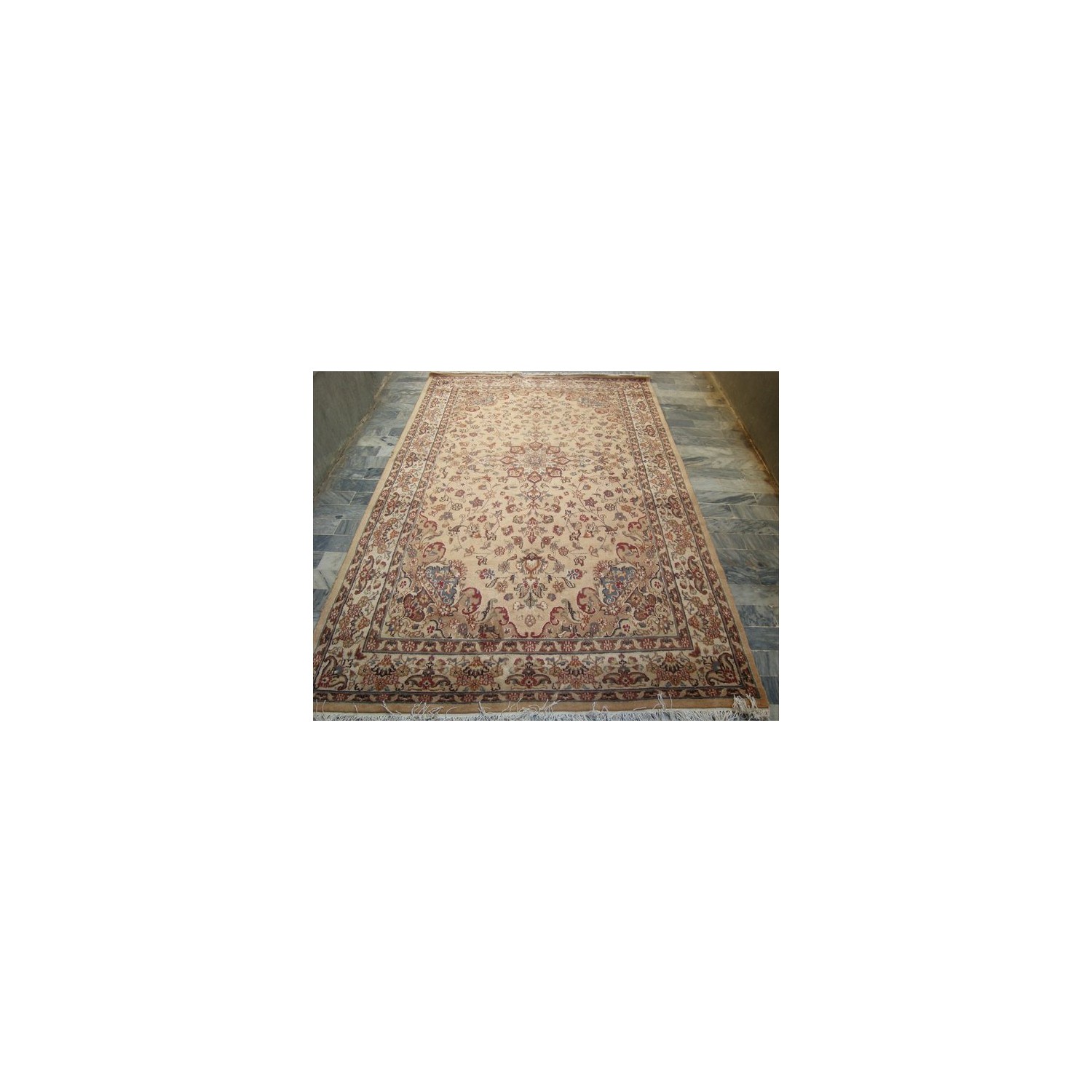 Ahmedani Tan Flowral Hand Knotted Silk Wool Carpet 5' x 8' Area Rug - Beige