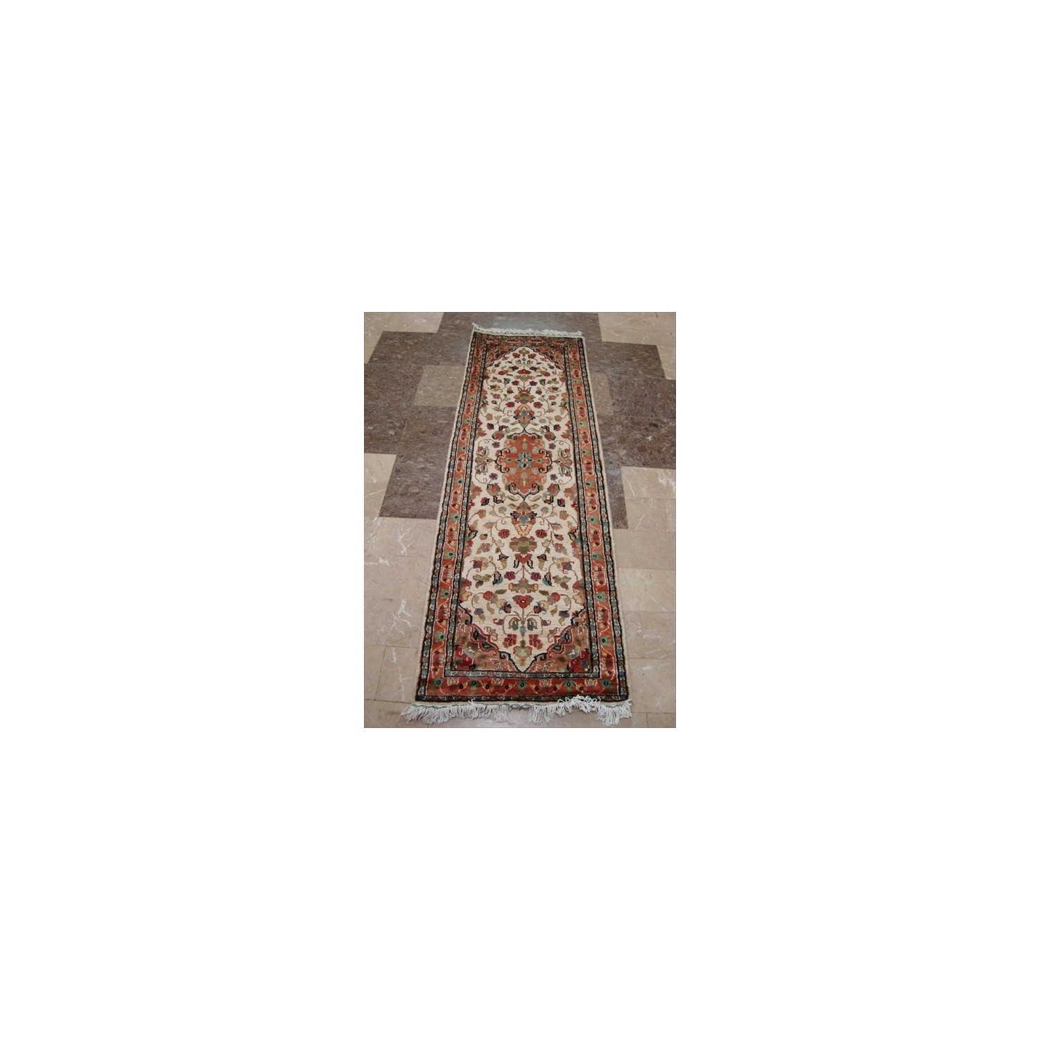 Ahmedani Area Carpet Floral Medallion Hand Knotted Wool Silk Rug 2' x 6' Hallway Runner - Ivory