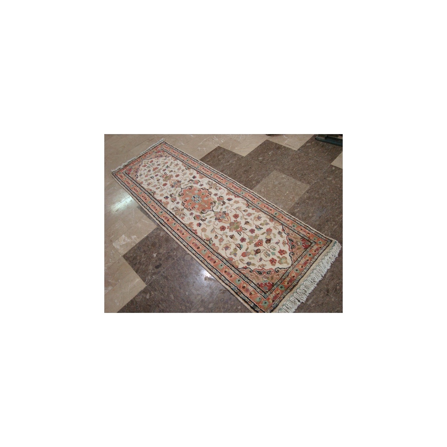Ahmedani Area Carpet Floral Medallion Hand Knotted Wool Silk Rug 2' x 6' Hallway Runner - Ivory