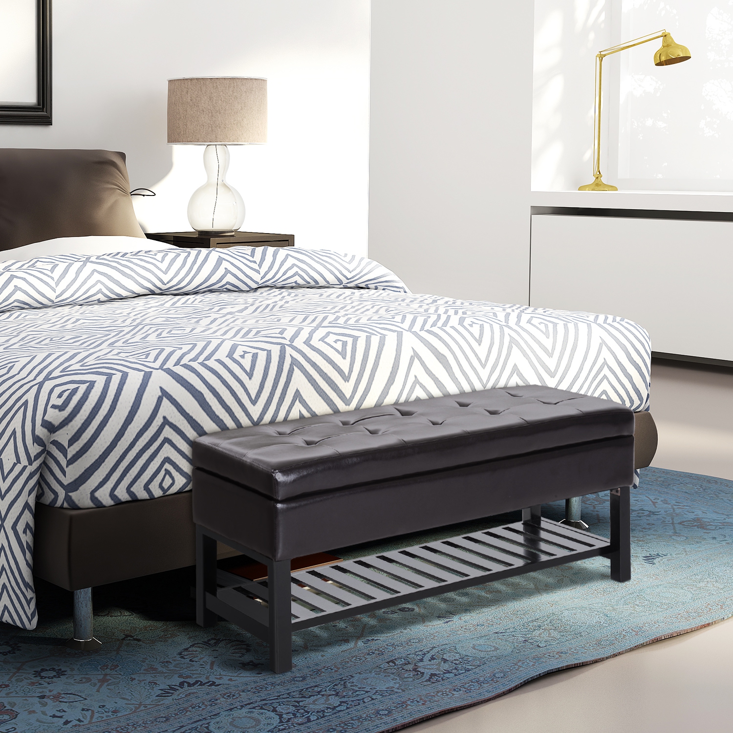 Banc à chaussures de HOMCOM, banc d'entrée capitonné recouvert de cuir PU avec couvercle, support à chaussures et cadre en bois pour le salon,