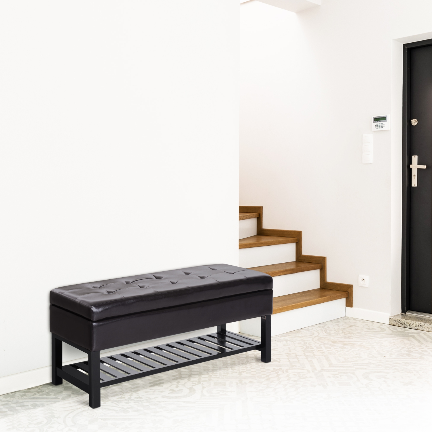 Banc à chaussures de HOMCOM, banc d'entrée capitonné recouvert de cuir PU avec couvercle, support à chaussures et cadre en bois pour le salon,