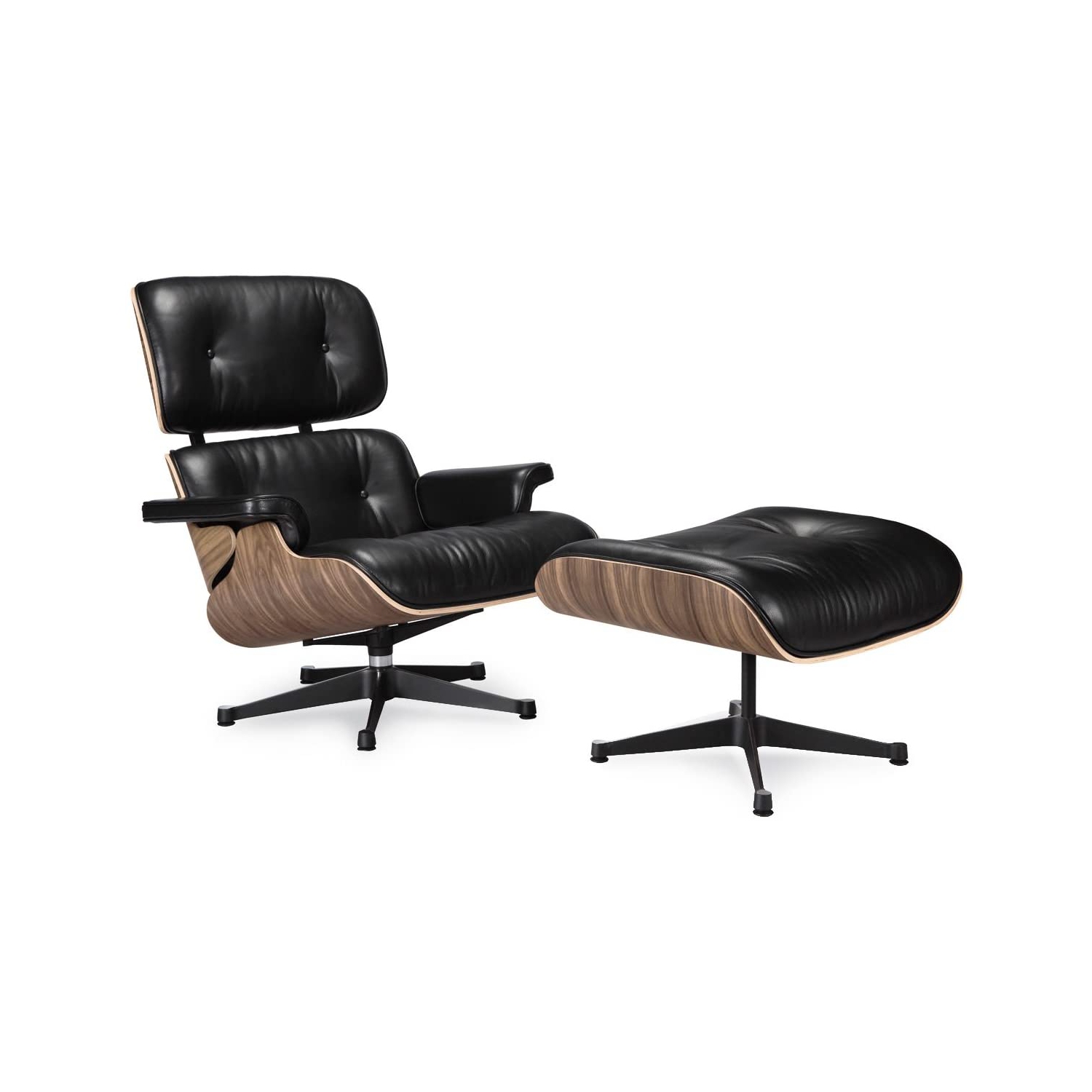 Chaise longue et pouf modernes du milieu du siècle Nicer Furniture®, 100 % cuir véritable pleine fleur italien, noir avec finition en bois de noyer