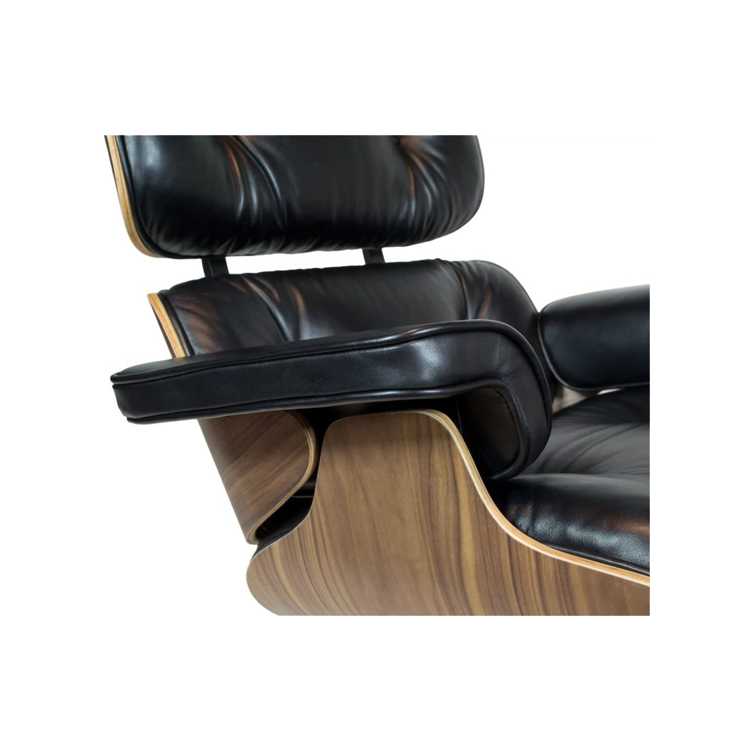 Chaise longue et pouf modernes du milieu du siècle Nicer Furniture®, 100 % cuir véritable pleine fleur italien, noir avec finition en bois de noyer