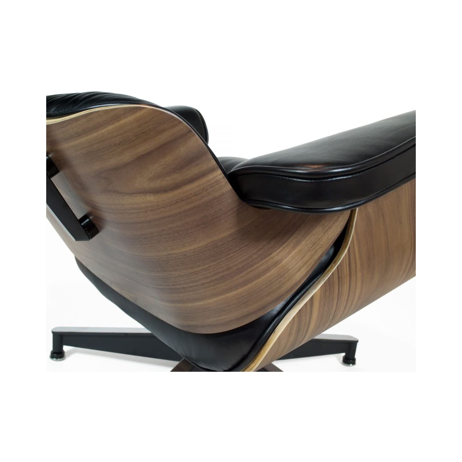 Chaise longue et pouf modernes du milieu du siècle Nicer Furniture®, 100 % cuir véritable pleine fleur italien, noir avec finition en bois de noyer