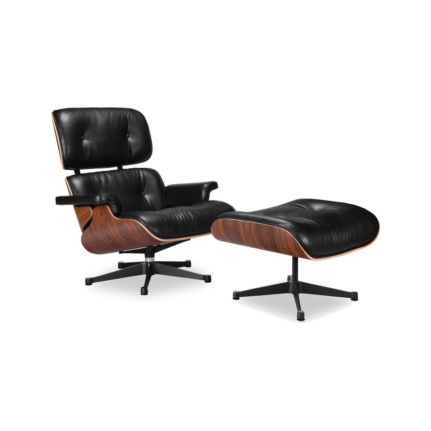 Chaise longue classique moderne et ensemble ottoman, 100 % italien véritable pleine fleur, cuir noir avec finition en bois de palissandre.