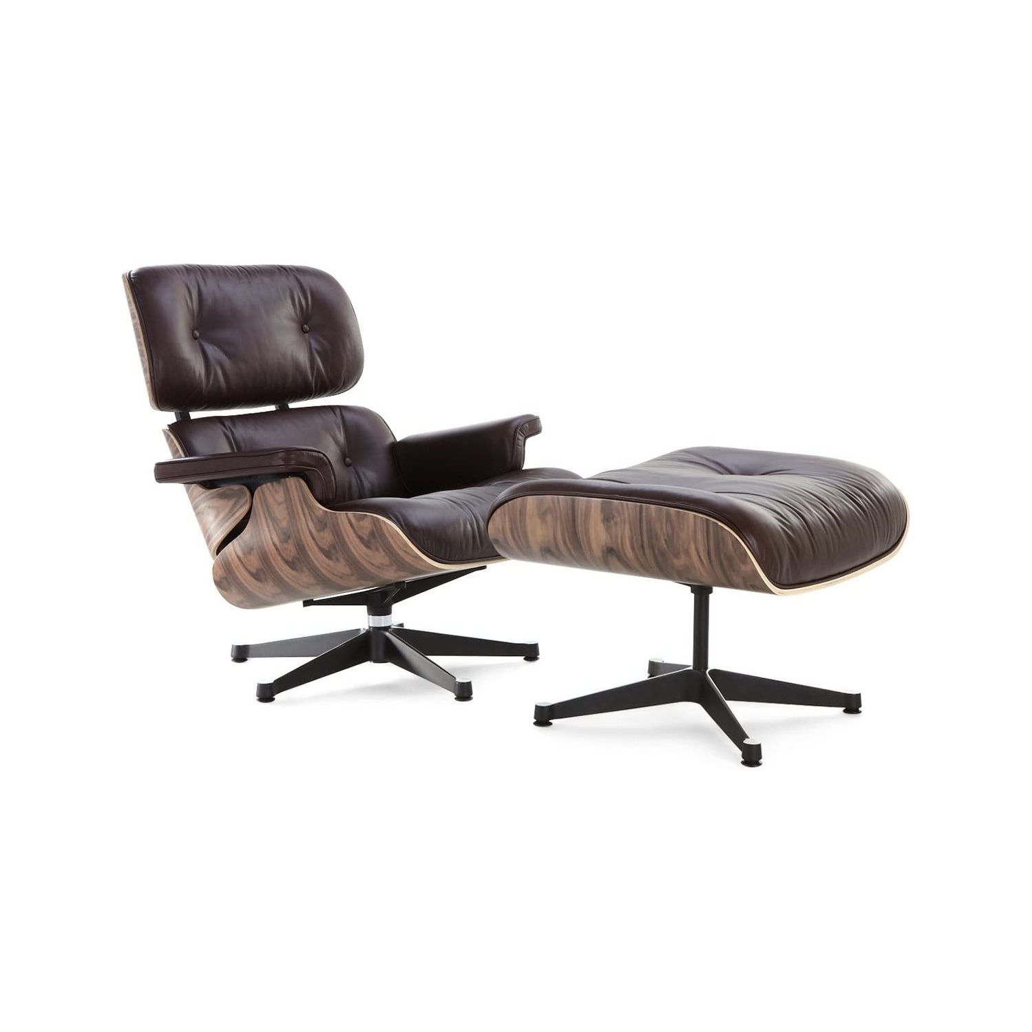 Modern Classic Lounge Chair and Ottoman, Dark brown Italian Genuine Leather