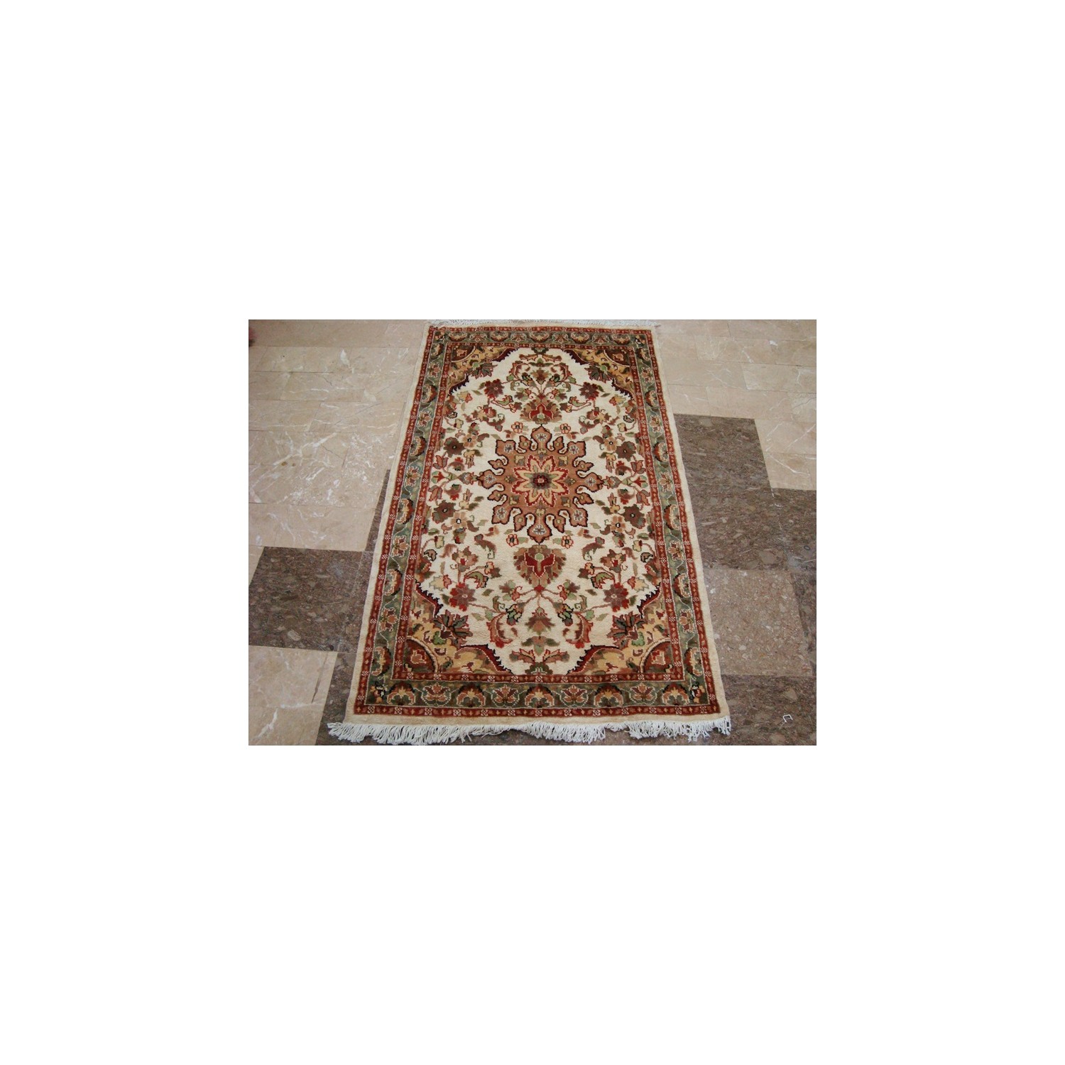 Rectangle Area Rug Ivory Medallion Flowers Hand Knotted Wool Silk Carpet'