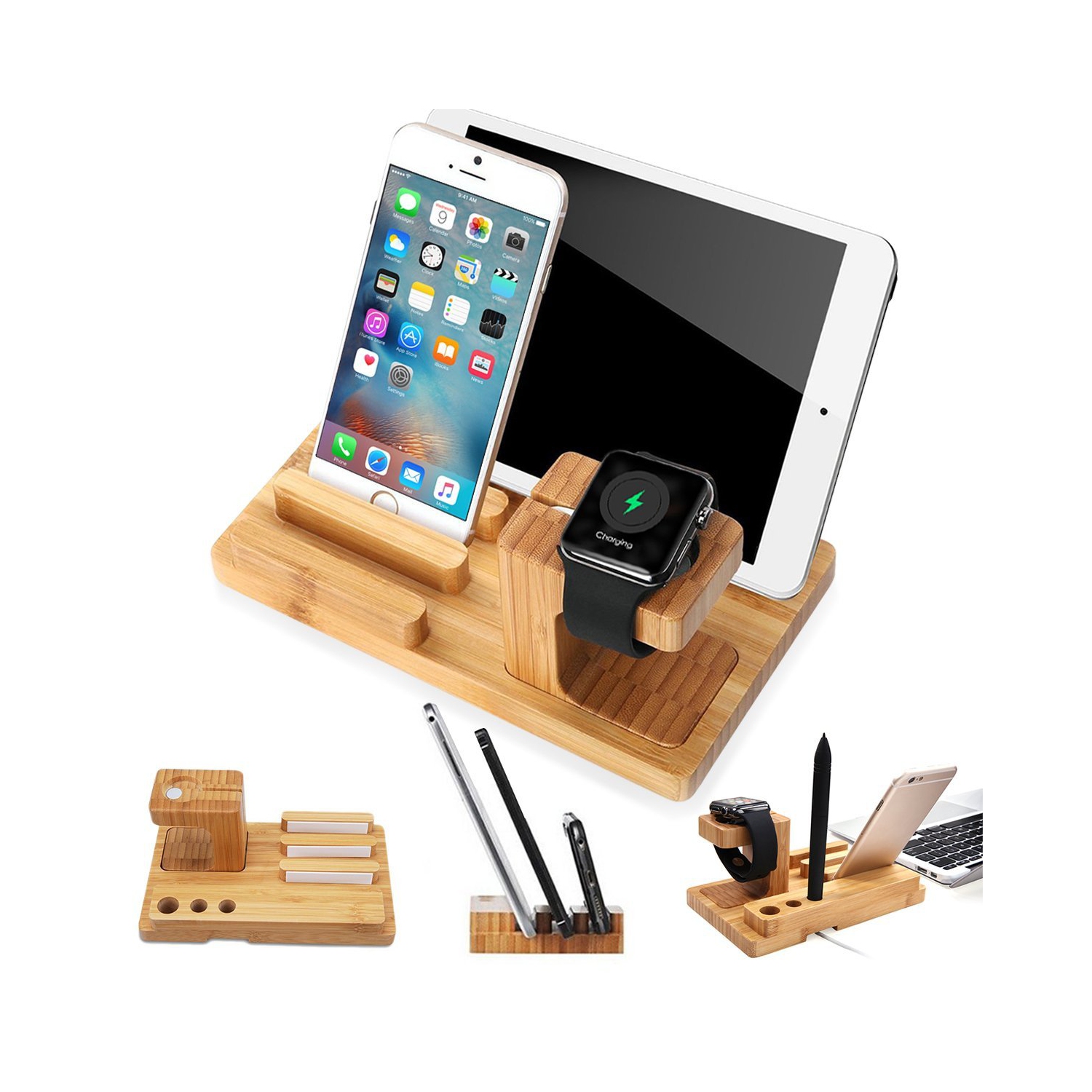 Navor Bamboo Wood Charging Stand Docking Station Holder for iPhone; iPad and Apple Watch Stand