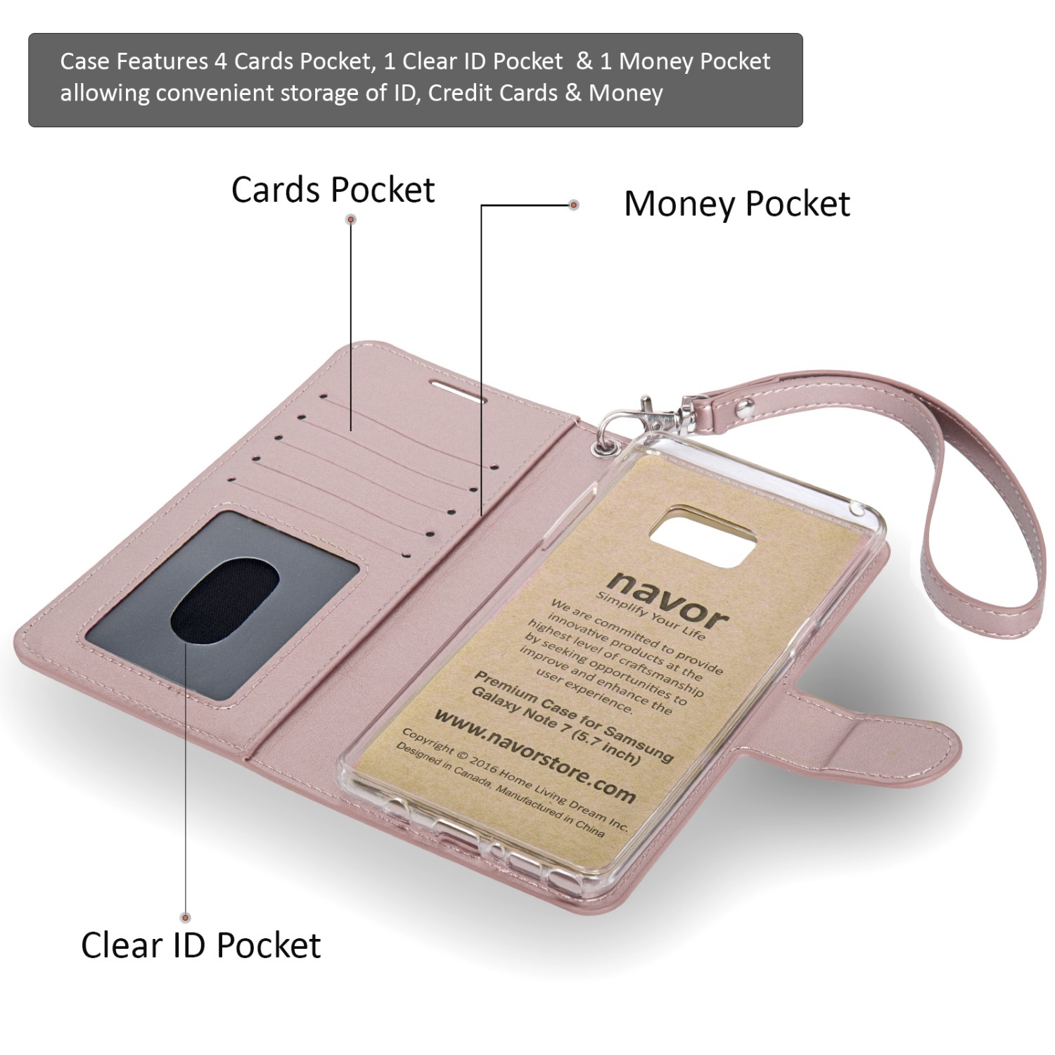 Navor Wallet Case for Samsung Galaxy Note - Rose Gold