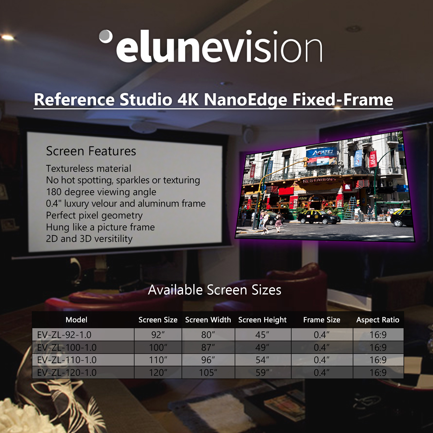 Elunevision Reference Studio 4K 110” NanoEdge Fixed-Frame 1.0-16:9 Projector Screen