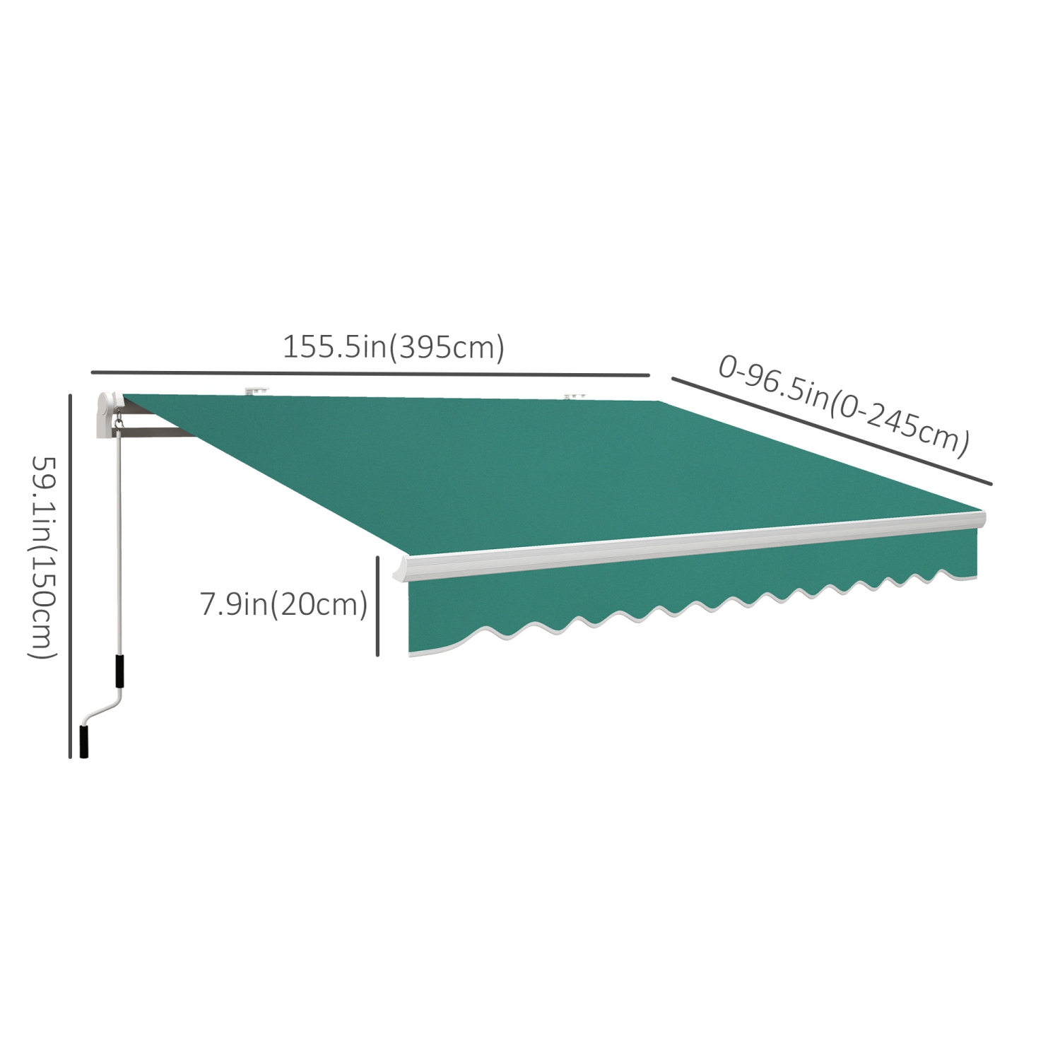 Auvent de terrasse rétractable manuel de 13 x 8 pi, pare-soleil d'extérieur, abri de porte de fenêtre en aluminium, cadre en aluminium, vert foncé