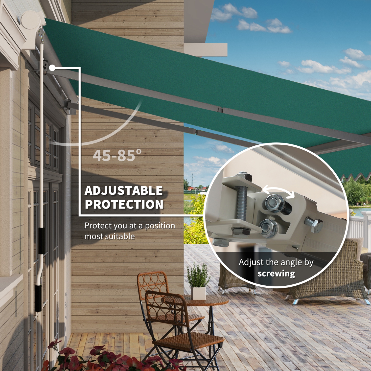 Auvent de terrasse rétractable manuel de 13 x 8 pi, pare-soleil d'extérieur, abri de porte de fenêtre en aluminium, cadre en aluminium, vert foncé