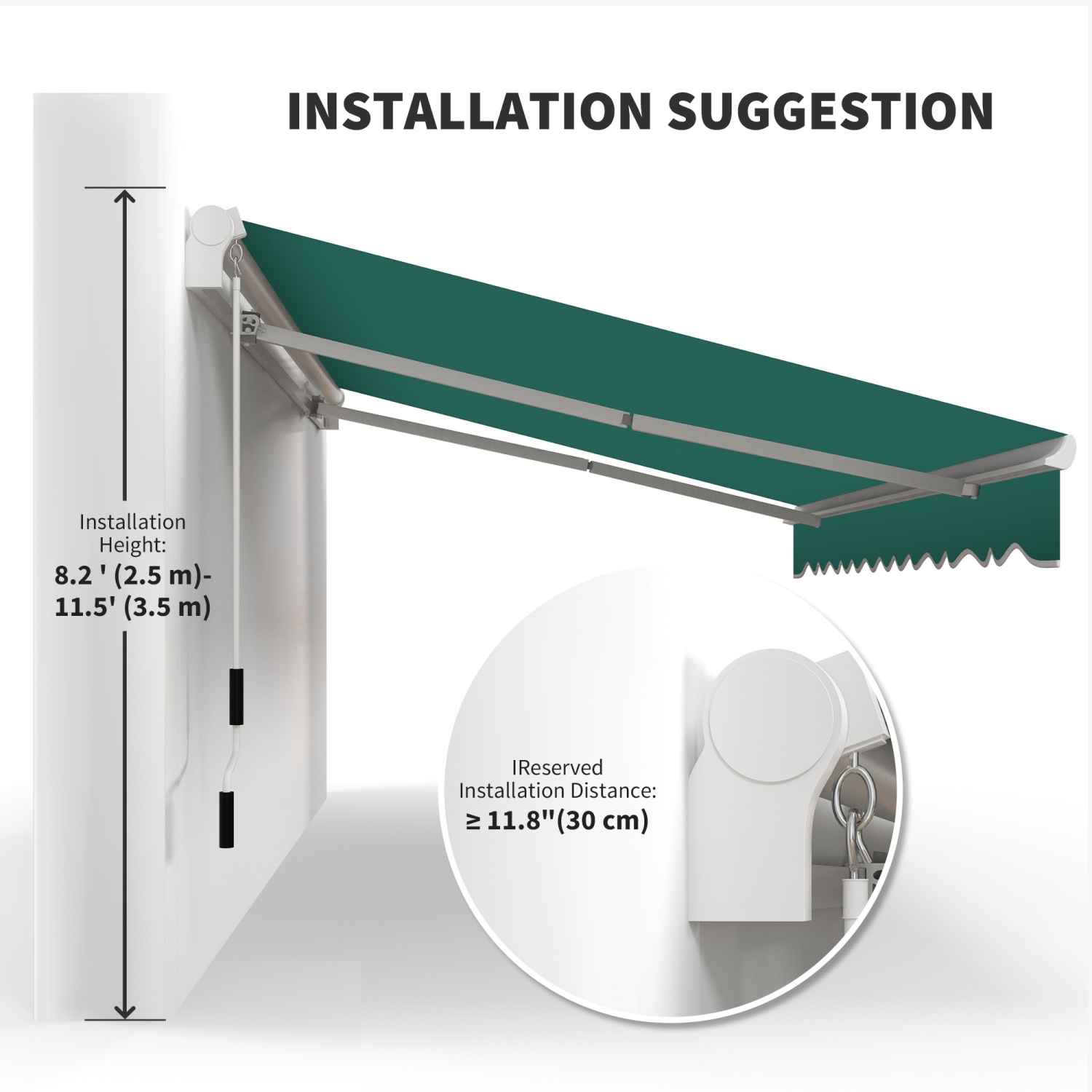 Auvent de terrasse rétractable manuel de 13 x 8 pi, pare-soleil d'extérieur, abri de porte de fenêtre en aluminium, cadre en aluminium, vert foncé