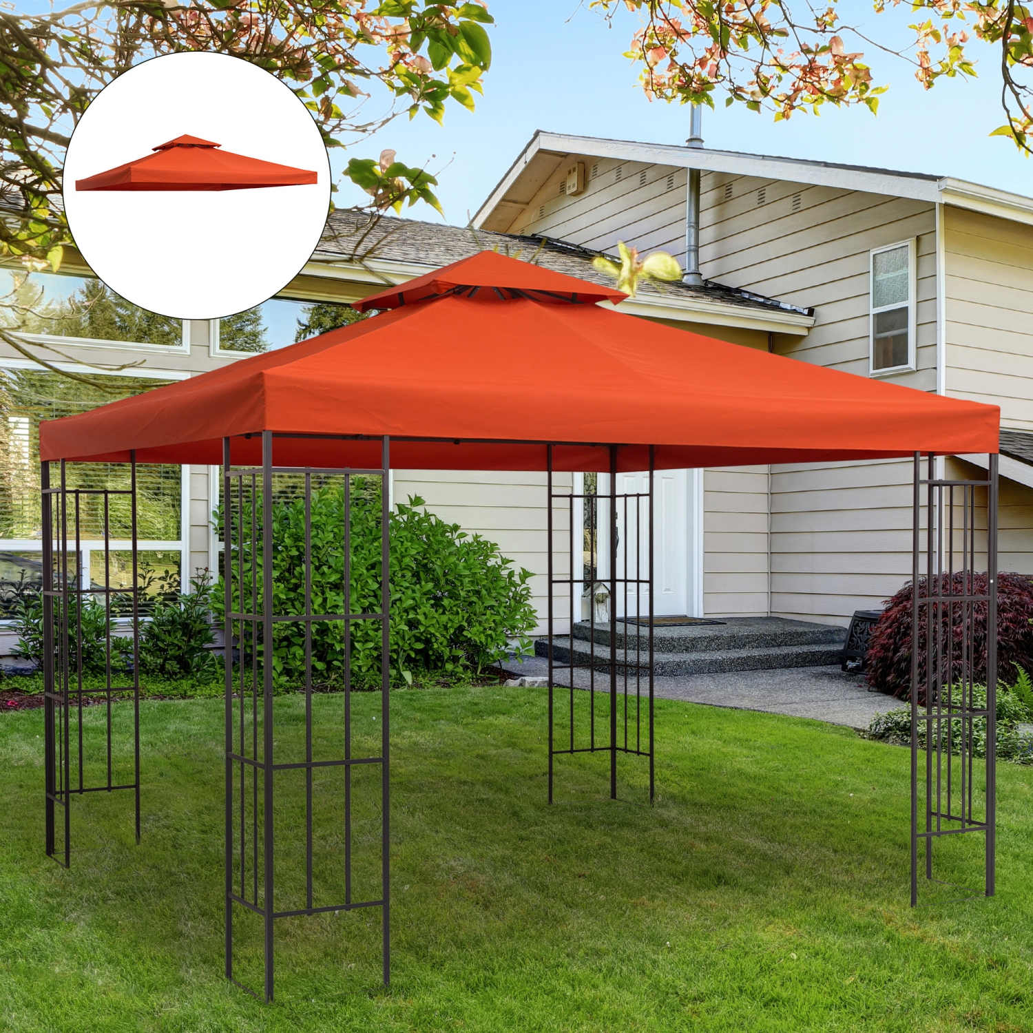 Outsunny 9.84' x 9.84' Square 2-Tier Gazebo Canopy Replacement Top Cover Outdoor Garden Sun Shade, Rust Red