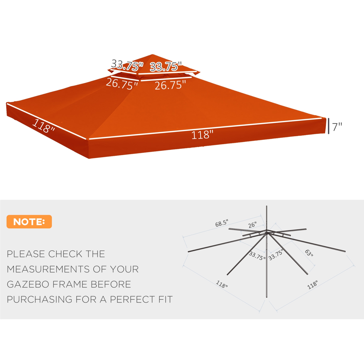 Outsunny 9.84' x 9.84' Square 2-Tier Gazebo Canopy Replacement Top Cover Outdoor Garden Sun Shade, Rust Red