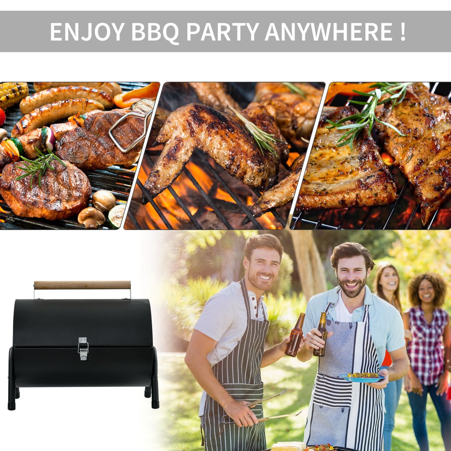 Barbecue extérieur portatif au charbon Outsunny, barbecue pliant sur table, fumoir à chaleur avec poignée, noir