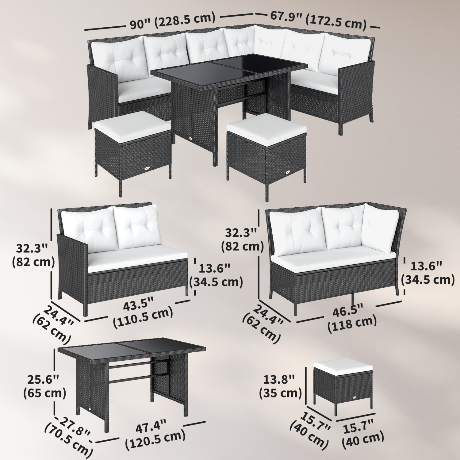 Outsunny 6 Pieces Patio Dining Set Wicker Outdoor Furniture Set Garden Rattan Sofa Set Outdoor Sectional Couch with Cushions, Dining Table and