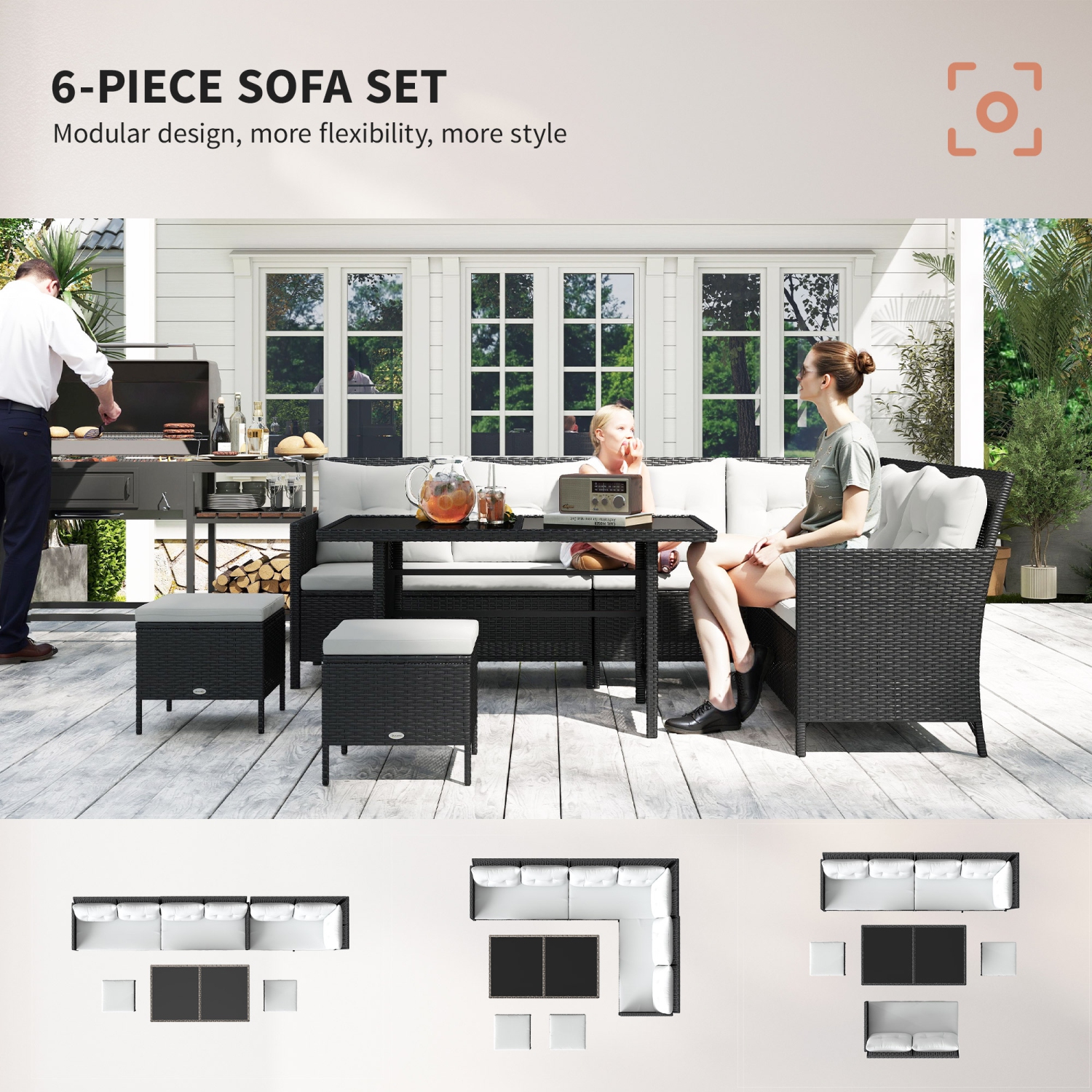 Outsunny 6 Pieces Patio Dining Set Wicker Outdoor Furniture Set Garden Rattan Sofa Set Outdoor Sectional Couch with Cushions, Dining Table and