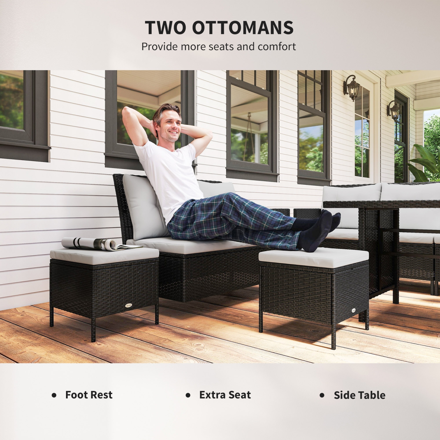 Outsunny 6 Pieces Patio Dining Set Wicker Outdoor Furniture Set Garden Rattan Sofa Set Outdoor Sectional Couch with Cushions, Dining Table and