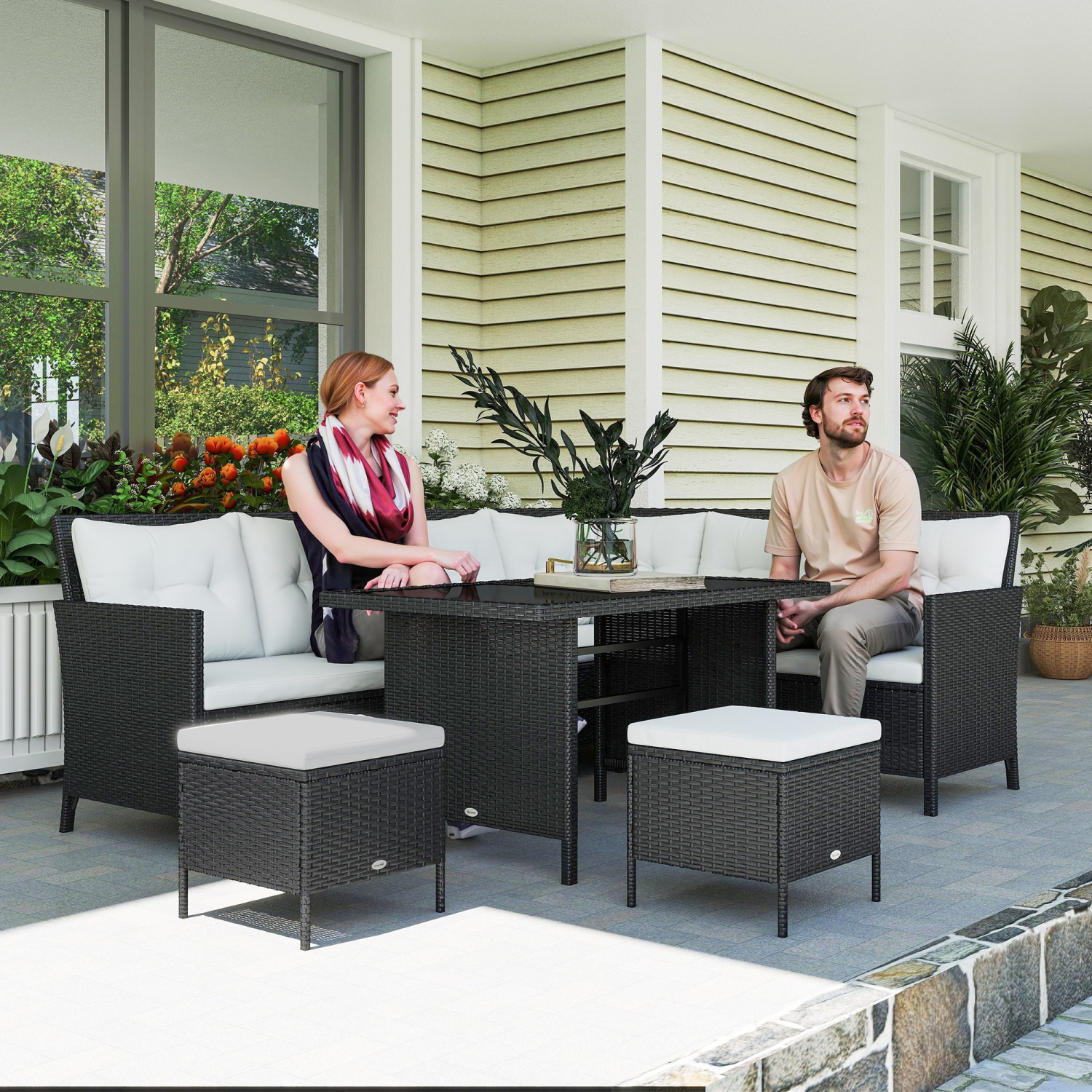 Outsunny 6 Pieces Patio Dining Set Wicker Outdoor Furniture Set Garden Rattan Sofa Set Outdoor Sectional Couch with Cushions, Dining Table and