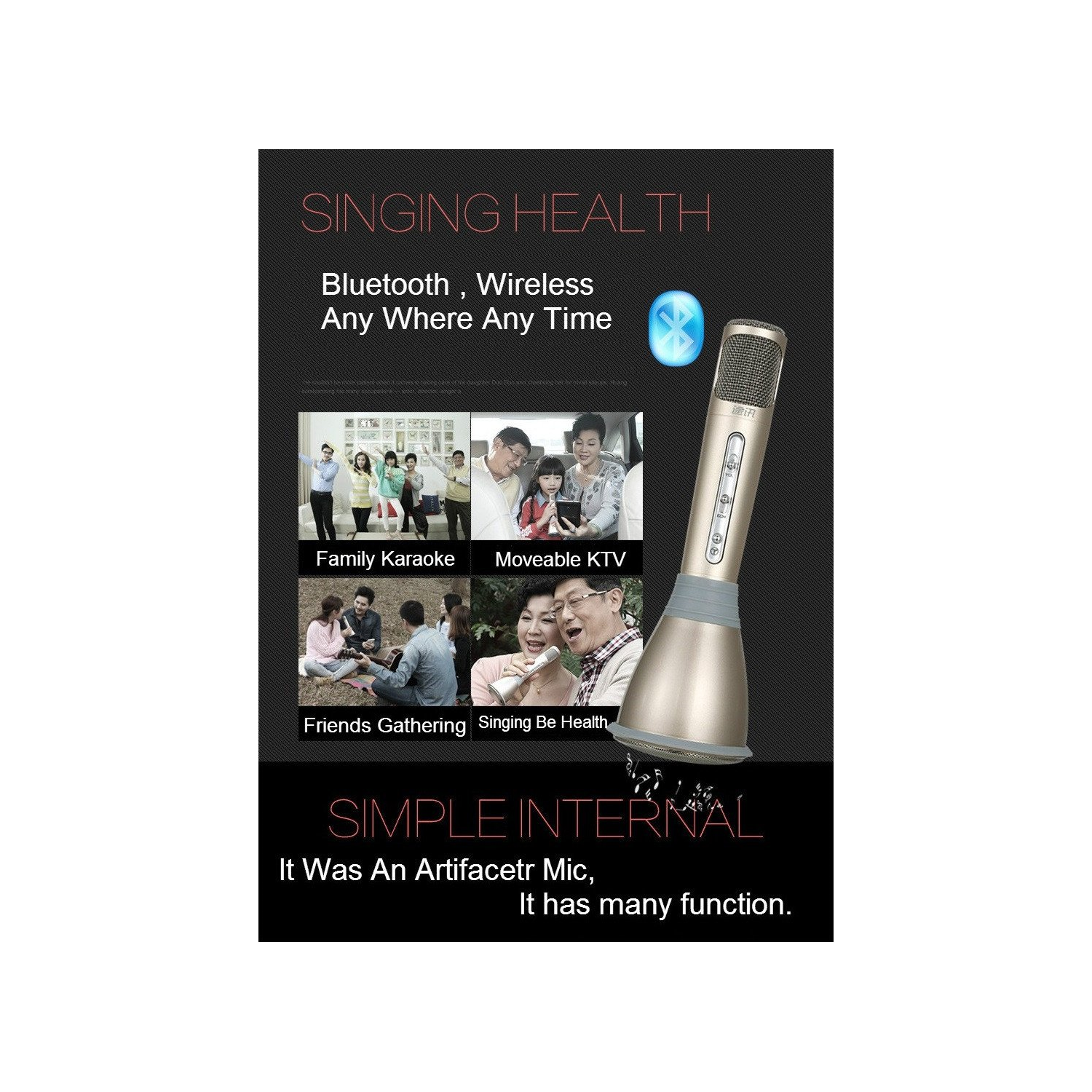 100% Genuine Tuxun K068 Portable Karaoke Wireless Bluetooth Microphone Speaker - Gold